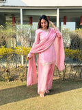Teeya Creation Womens New Festive Wear Hand Made Real Mirror Pal Moti Lace Baby-Pink Kurta Set