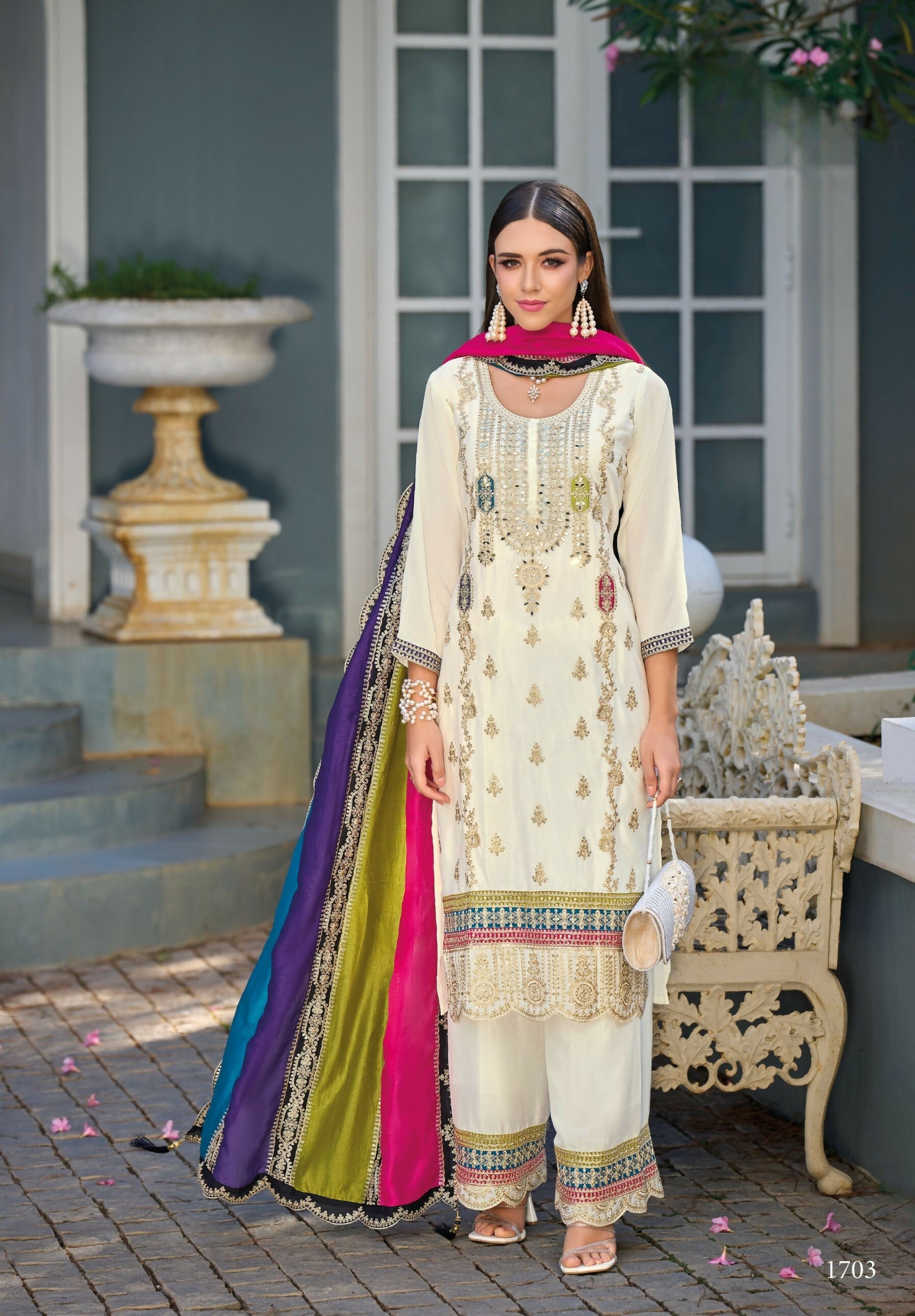 Anaita White Premium Embroidered Chinon Stitched Salwar Suit