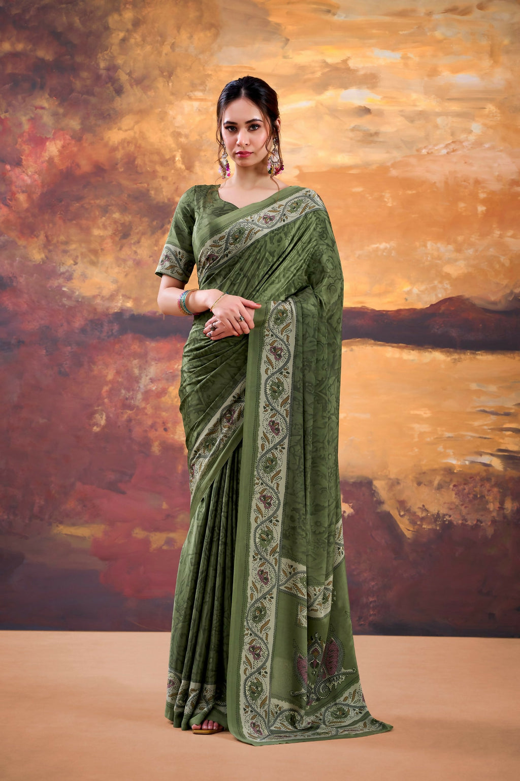 Vastranavya Mehendi Crepe Printed Saree with Unstitched Blouse