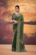 Vastranavya Mehendi Crepe Printed Saree with Unstitched Blouse
