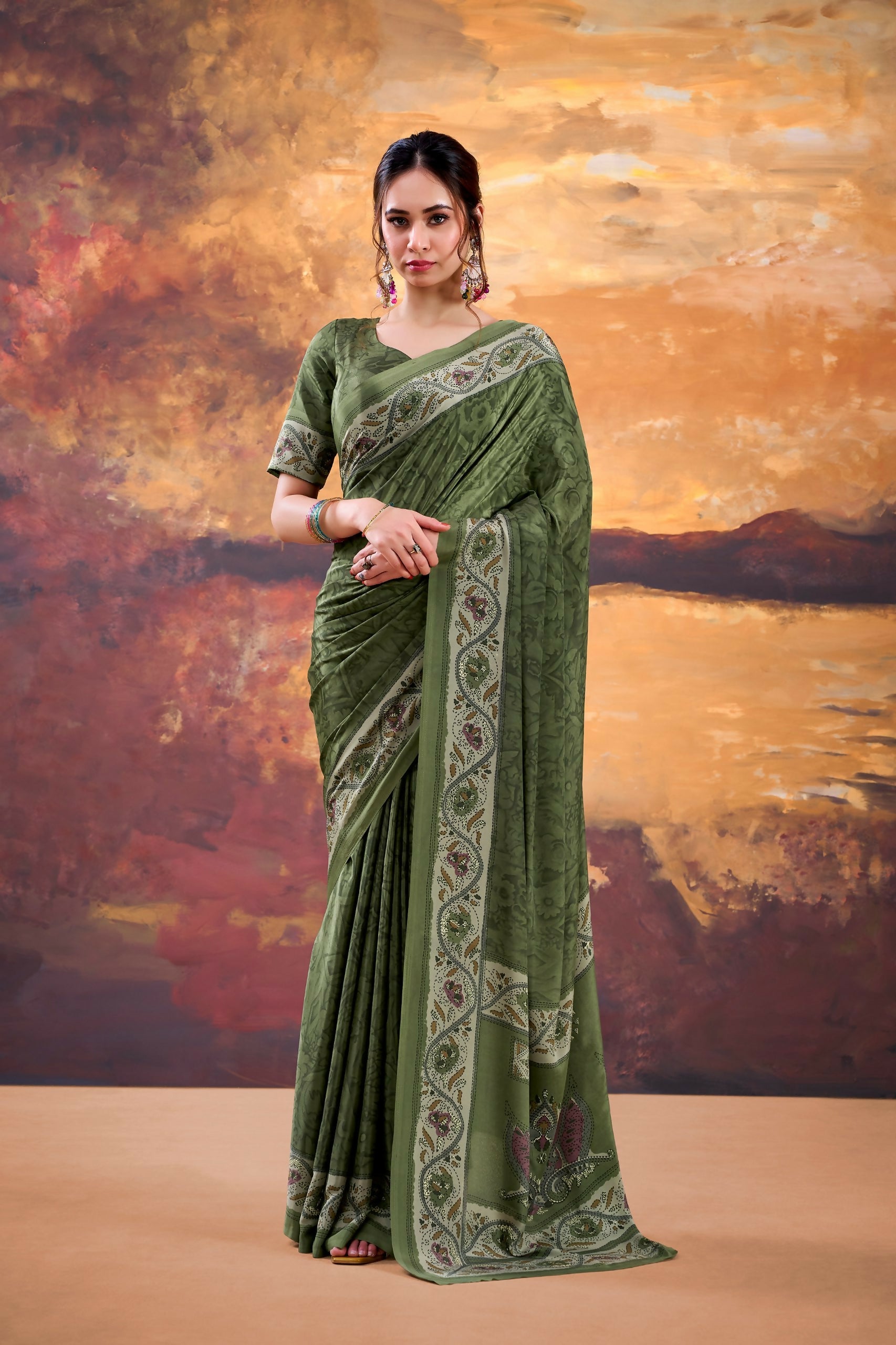Vastranavya Mehendi Crepe Printed Saree with Unstitched Blouse