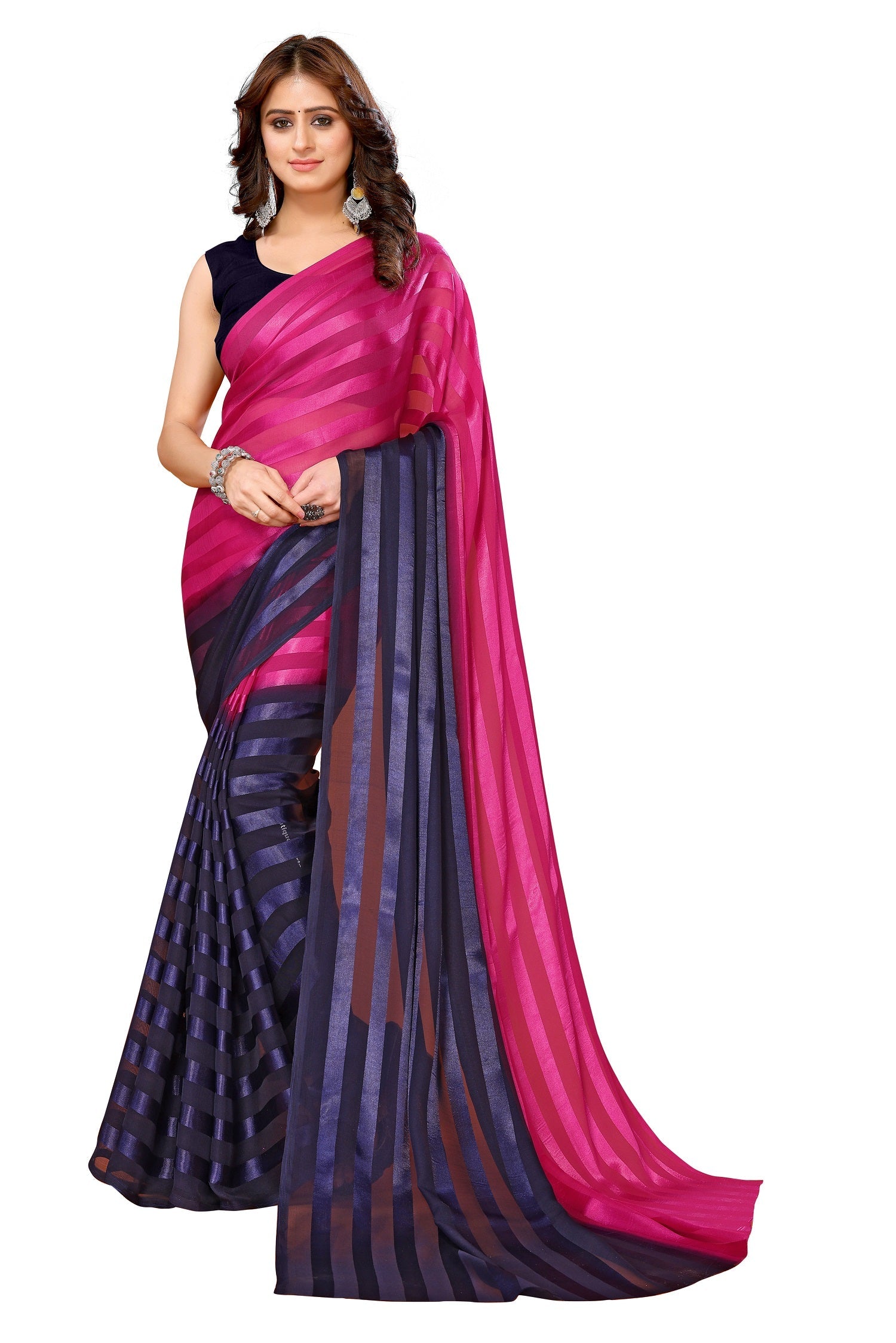 Vamika Georgette Satin Navy Desinger Satin Patta Saree