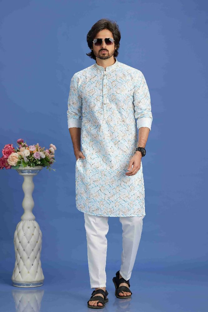 Raivat Ethnic Cotton Embroidery Kurta Pajama In Sky Blue Colour
