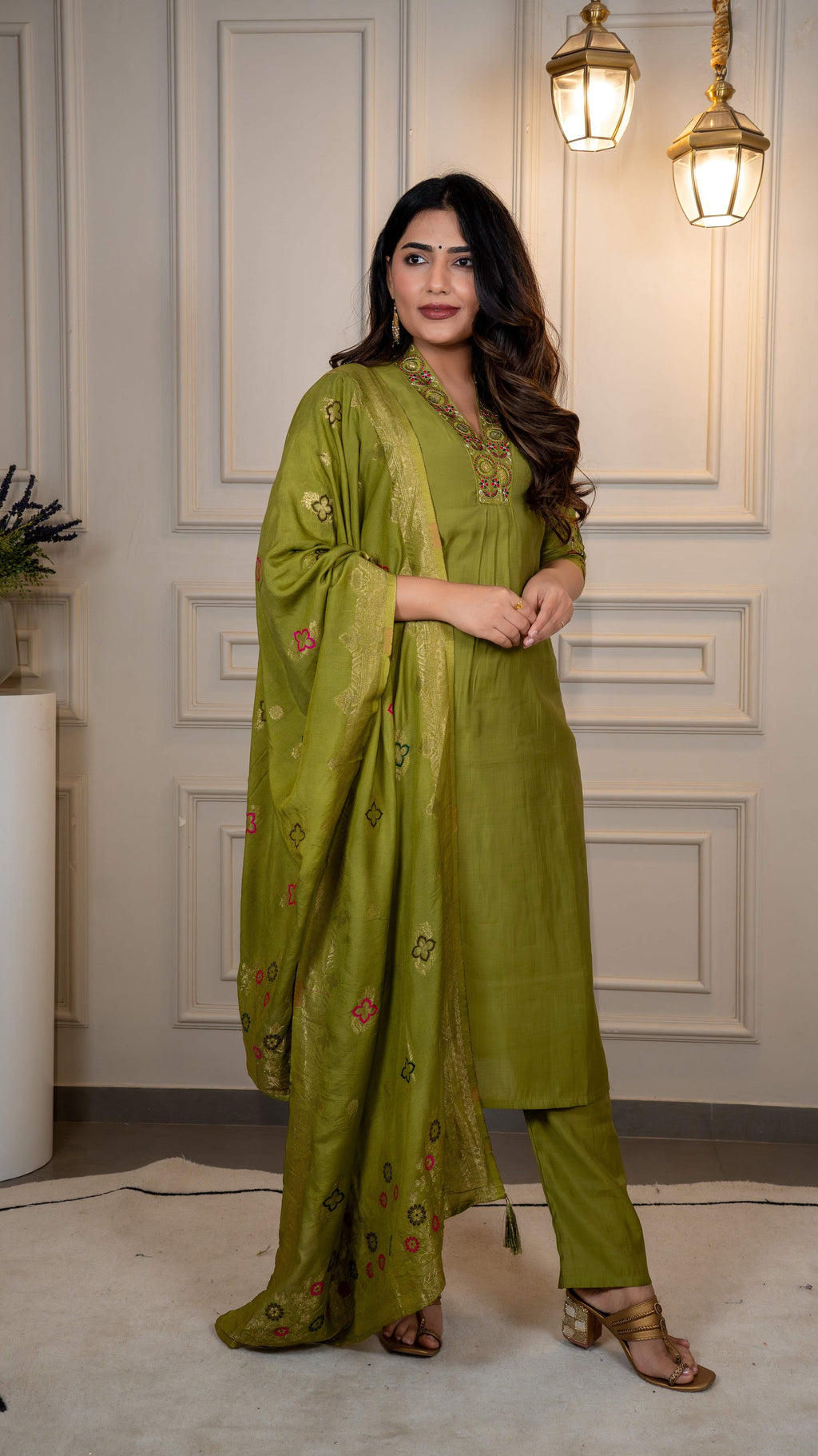 Vedant Vastram Roman Silk Hand Work & Embroidery Work Stitched Kurta Pant Dupatta Set-Mehandi