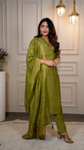 Vedant Vastram Roman Silk Hand Work & Embroidery Work Stitched Kurta Pant Dupatta Set-Mehandi