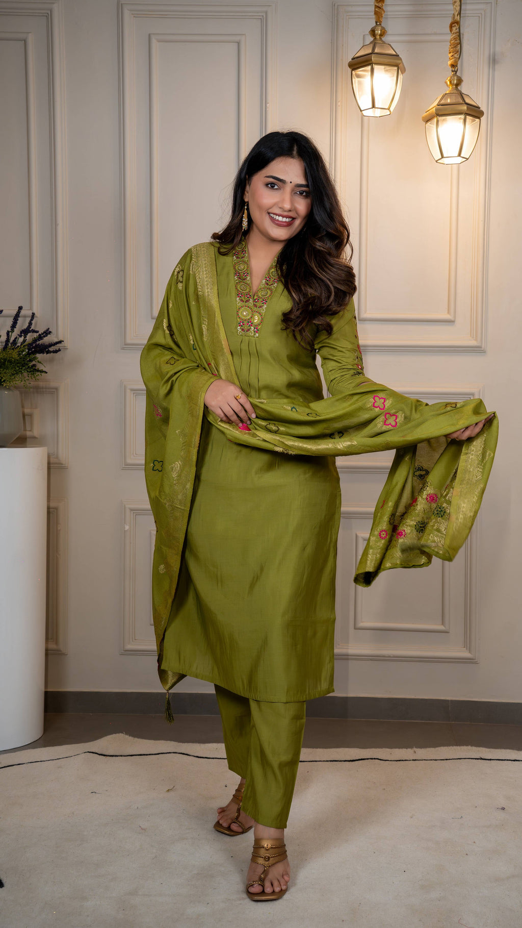 Vedant Vastram Roman Silk Hand Work & Embroidery Work Stitched Kurta Pant Dupatta Set-Mehandi