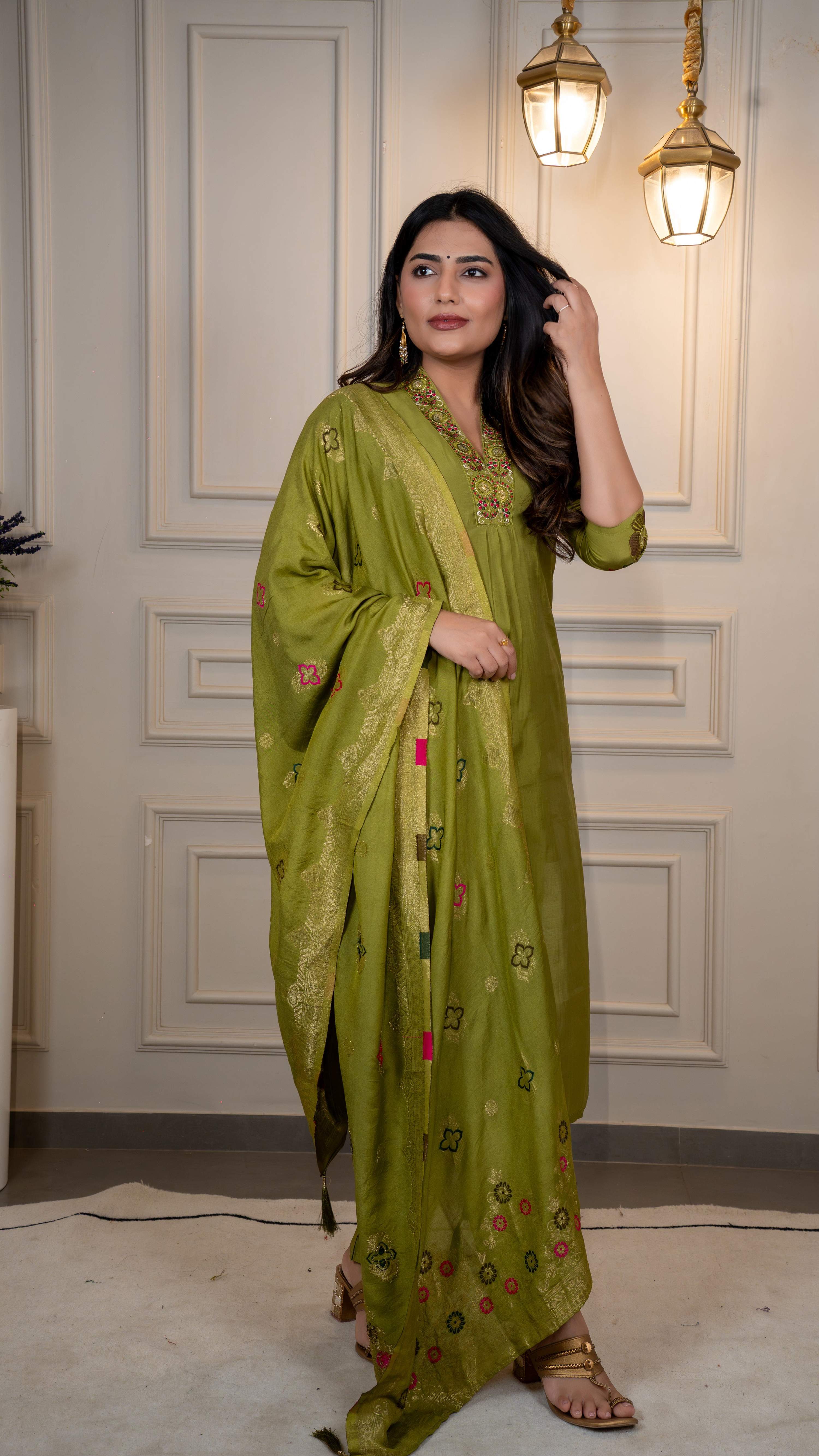 Vedant Vastram Roman Silk Hand Work & Embroidery Work Stitched Kurta Pant Dupatta Set-Mehandi