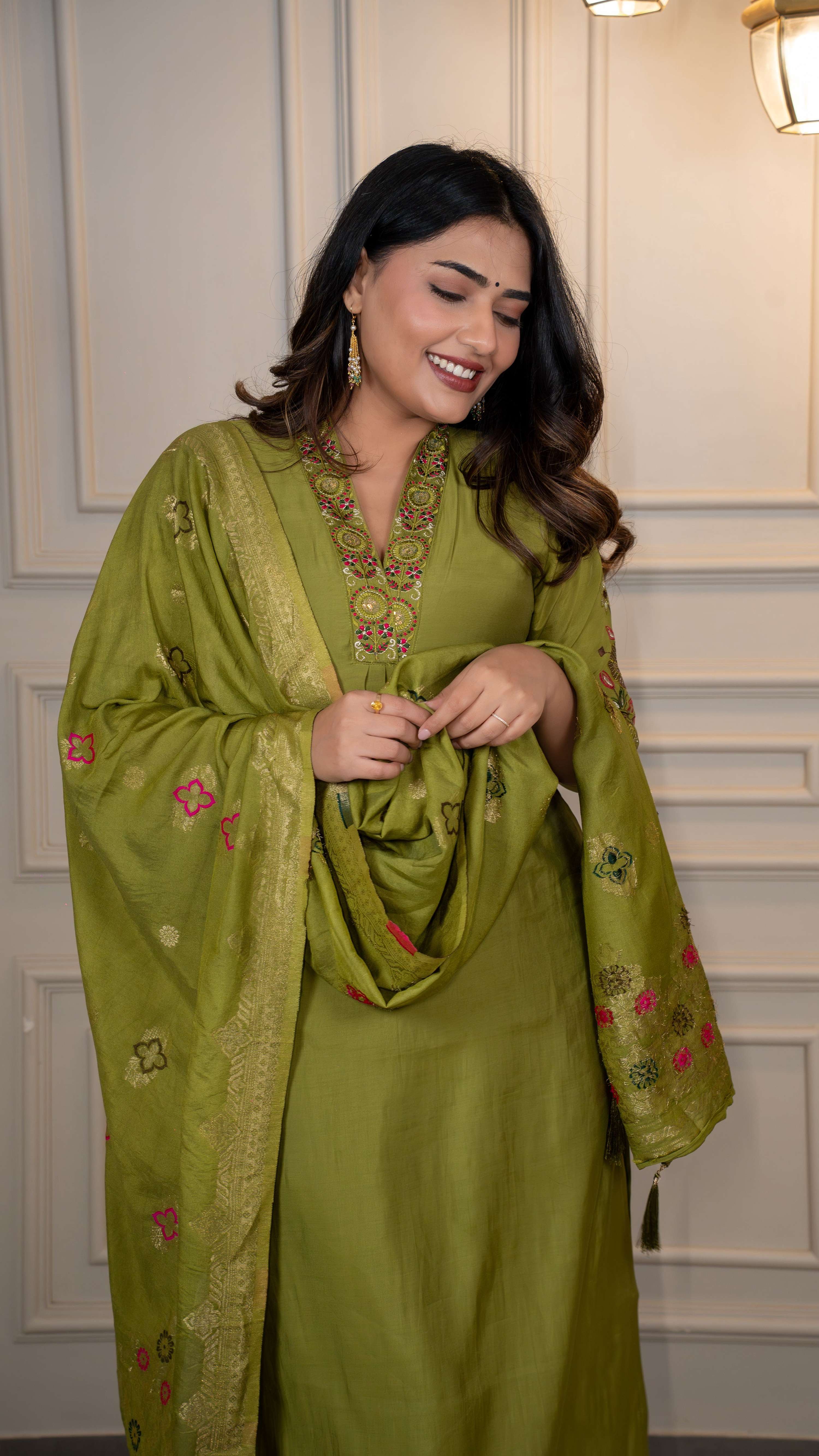 Vedant Vastram Roman Silk Hand Work & Embroidery Work Stitched Kurta Pant Dupatta Set-Mehandi