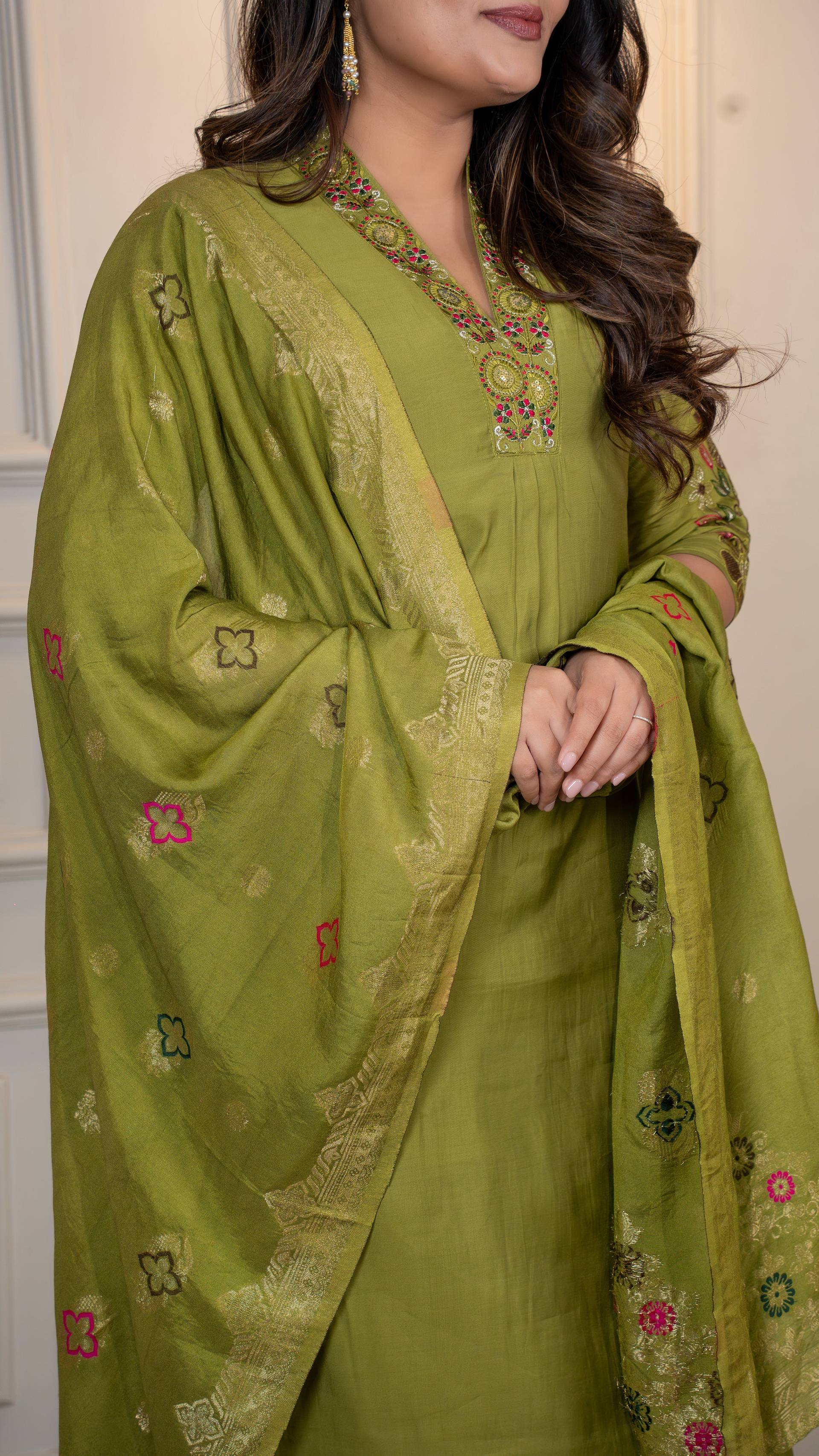 Vedant Vastram Roman Silk Hand Work & Embroidery Work Stitched Kurta Pant Dupatta Set-Mehandi