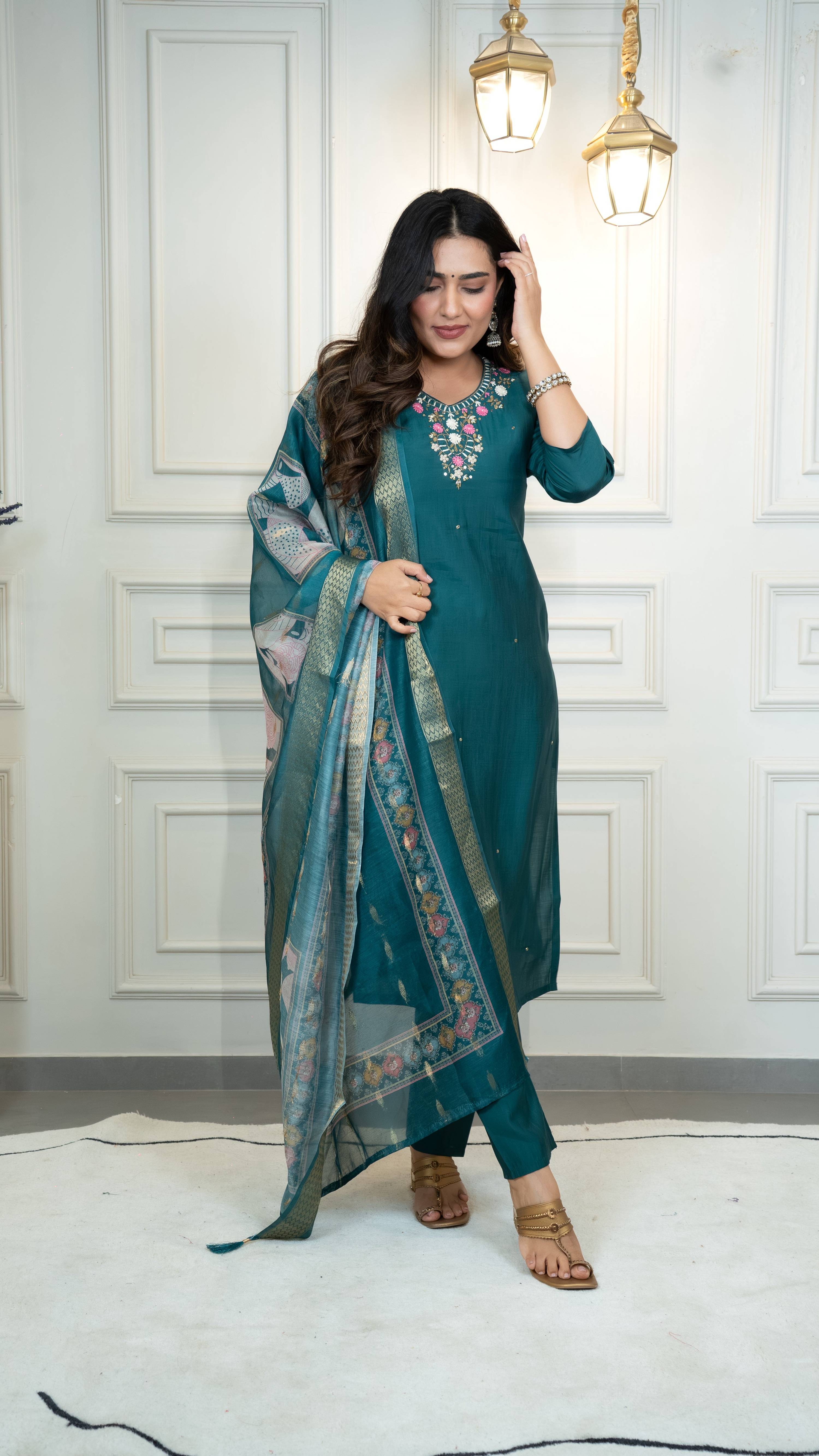 Vedant Vastram Roman Silk Hand Work & Embroidery Work Stitched Kurta Pant Dupatta Set-Rama