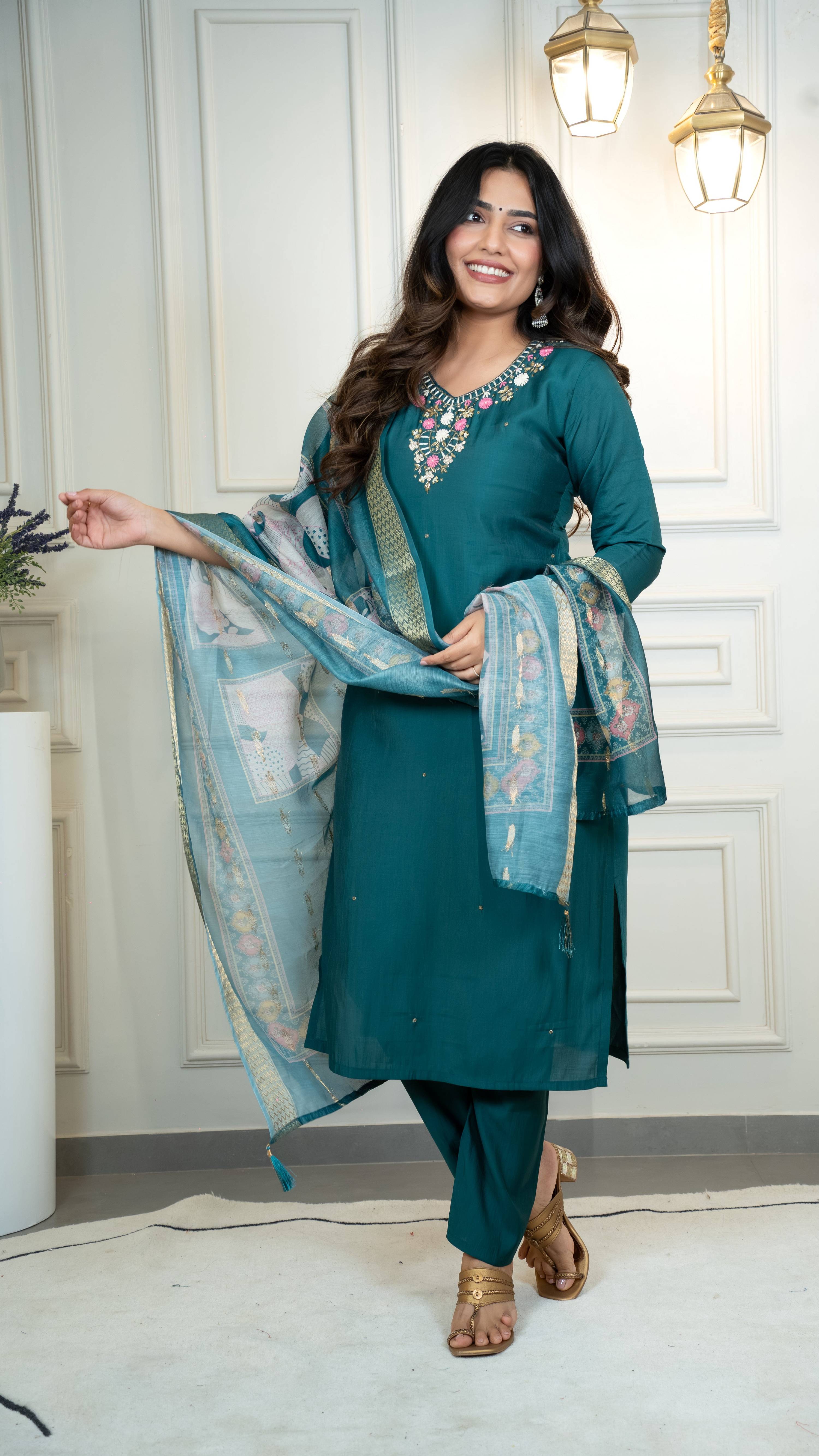 Vedant Vastram Roman Silk Hand Work & Embroidery Work Stitched Kurta Pant Dupatta Set-Rama