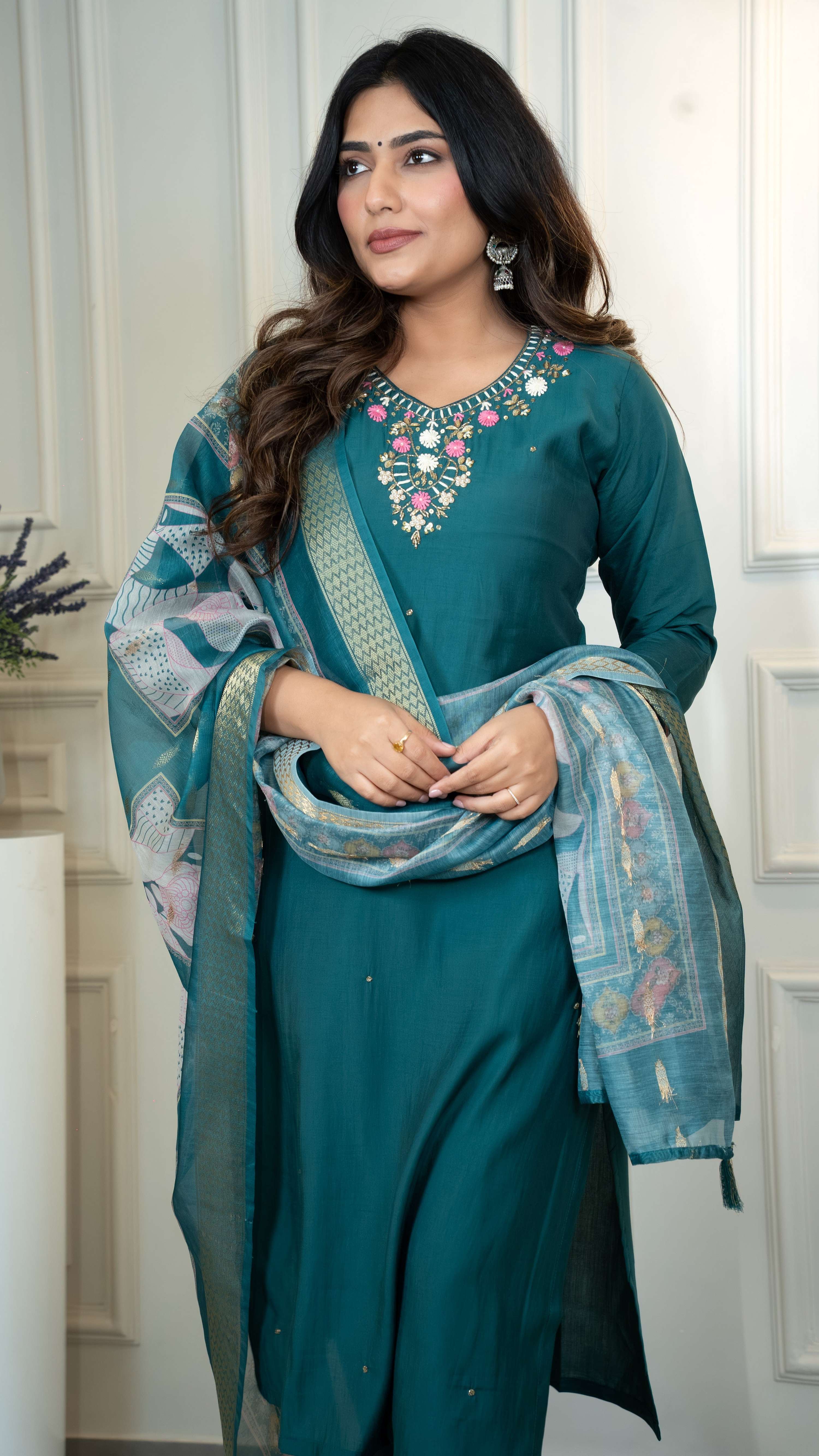 Vedant Vastram Roman Silk Hand Work & Embroidery Work Stitched Kurta Pant Dupatta Set-Rama