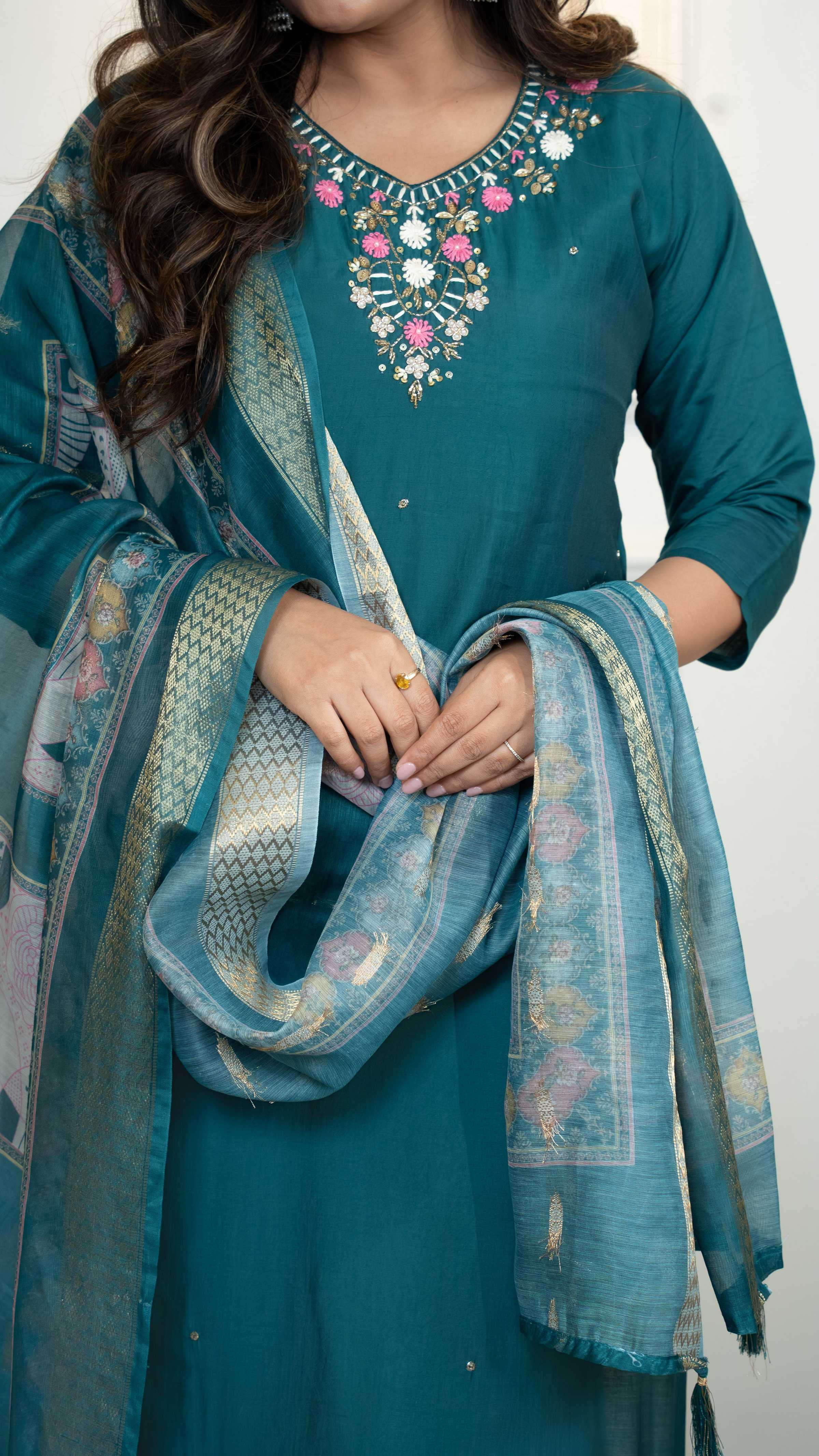 Vedant Vastram Roman Silk Hand Work & Embroidery Work Stitched Kurta Pant Dupatta Set-Rama