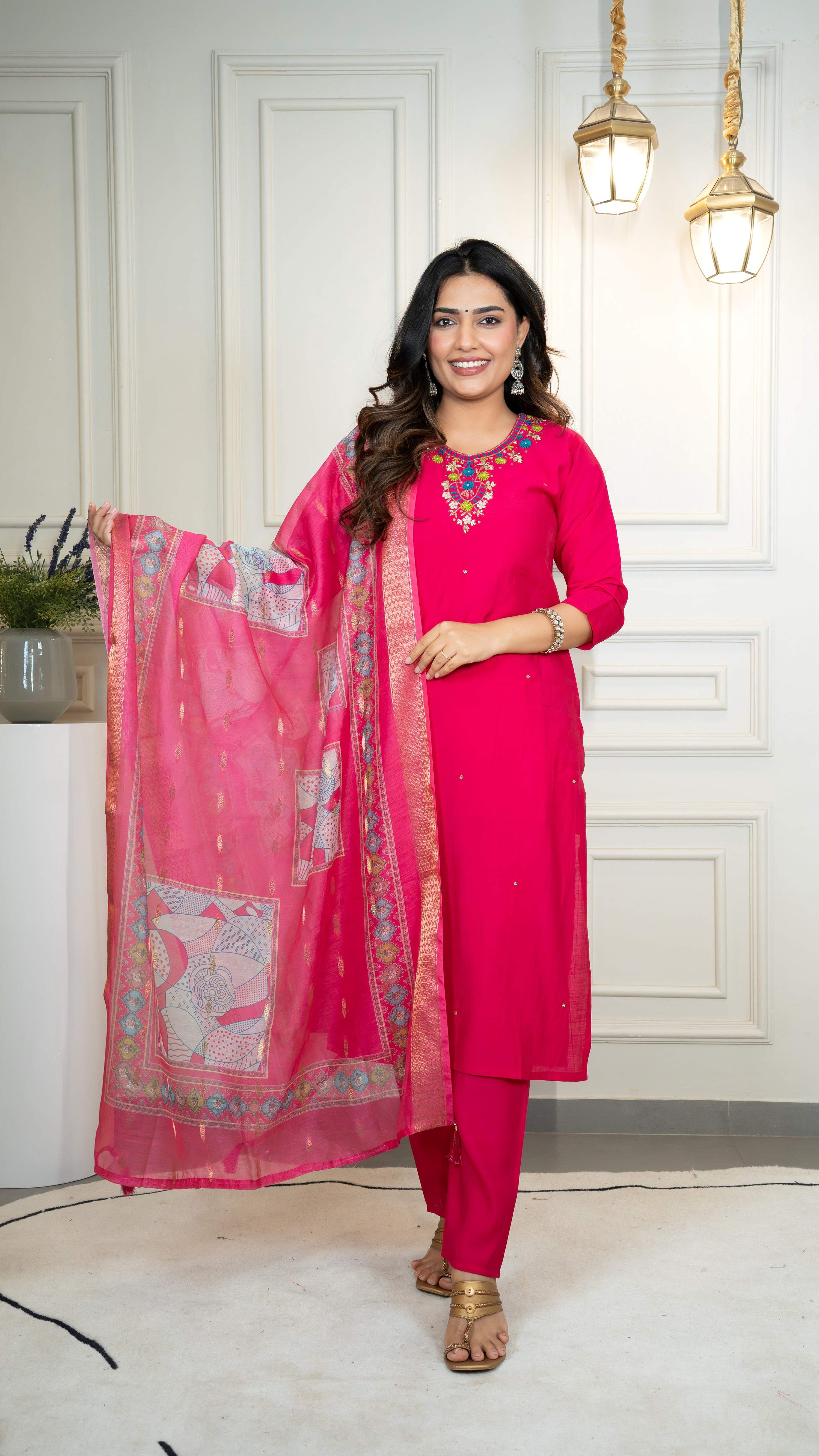 Vedant Vastram Roman Silk Hand Work & Embroidery Work Stitched Kurta Pant Dupatta Set-Pink