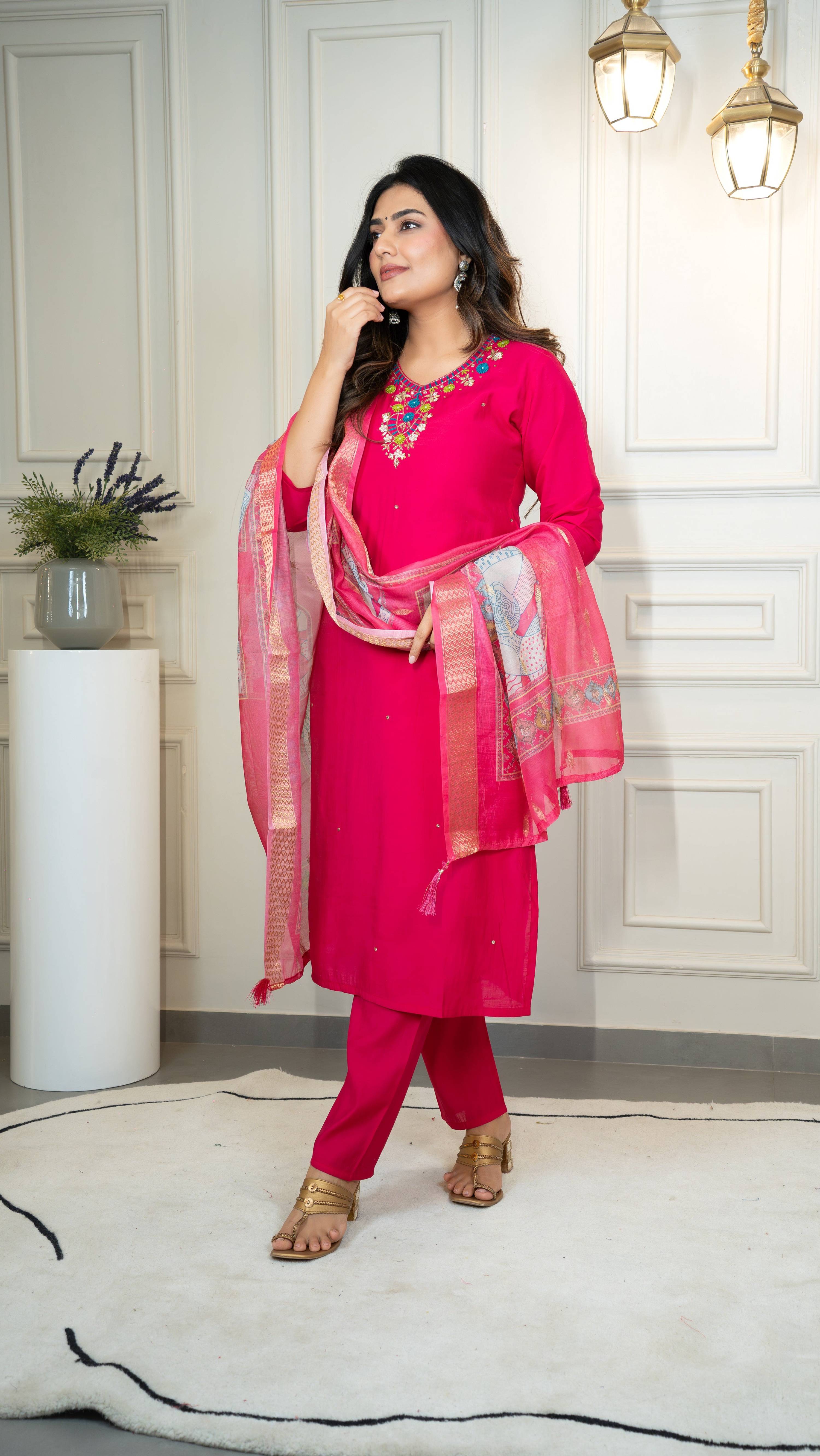 Vedant Vastram Roman Silk Hand Work & Embroidery Work Stitched Kurta Pant Dupatta Set-Pink