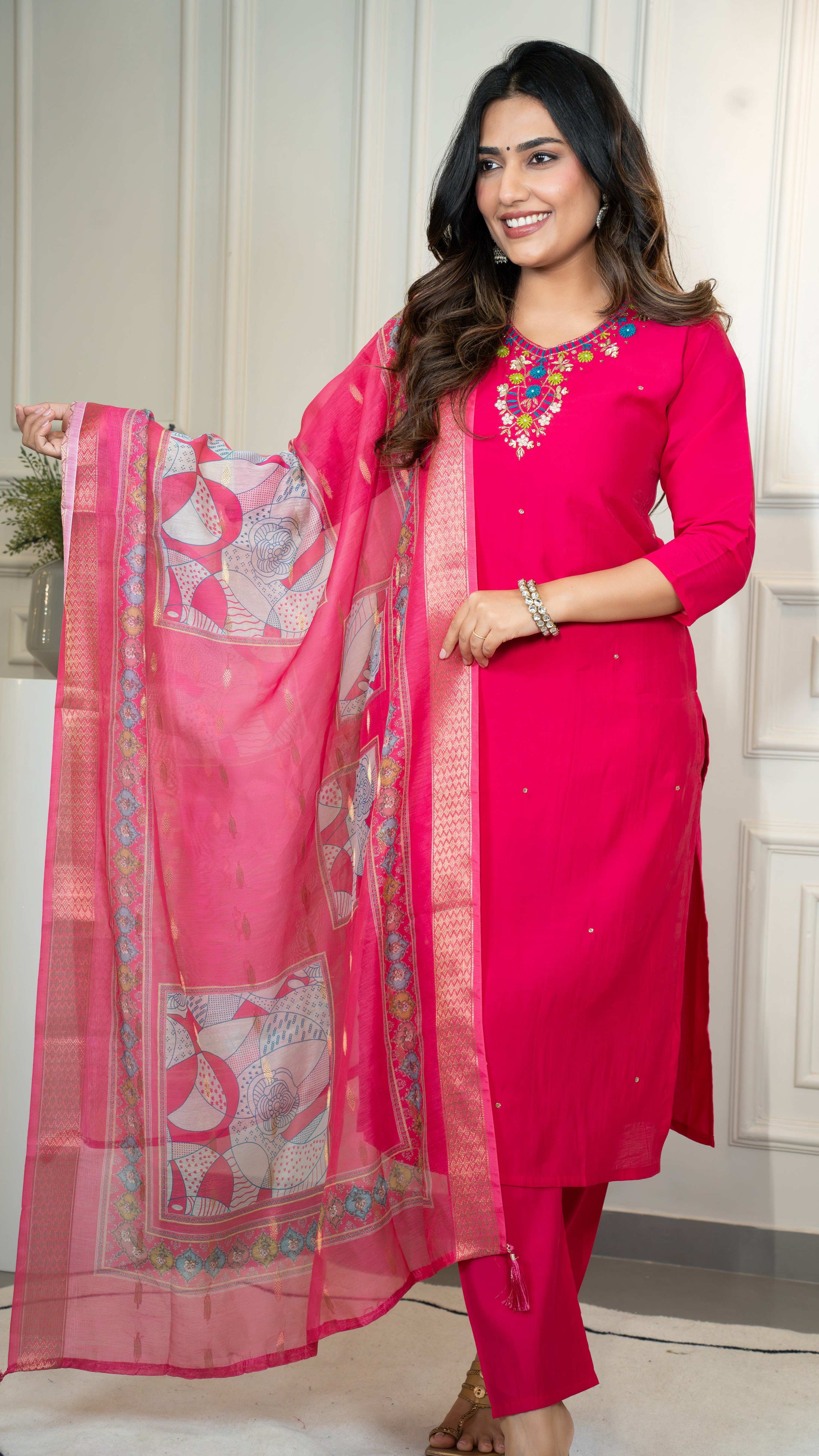 Vedant Vastram Roman Silk Hand Work & Embroidery Work Stitched Kurta Pant Dupatta Set-Pink