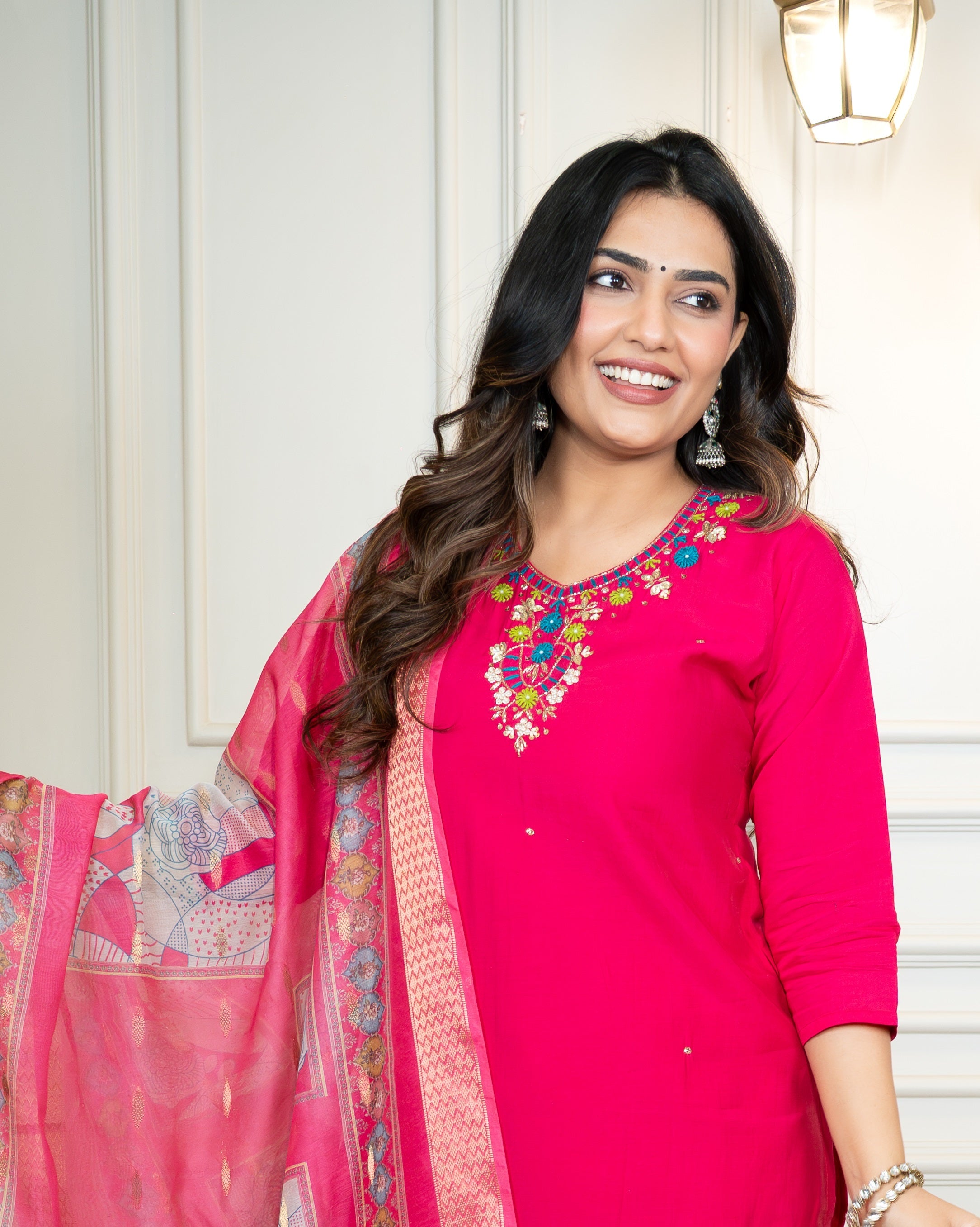 Vedant Vastram Roman Silk Hand Work & Embroidery Work Stitched Kurta Pant Dupatta Set-Pink