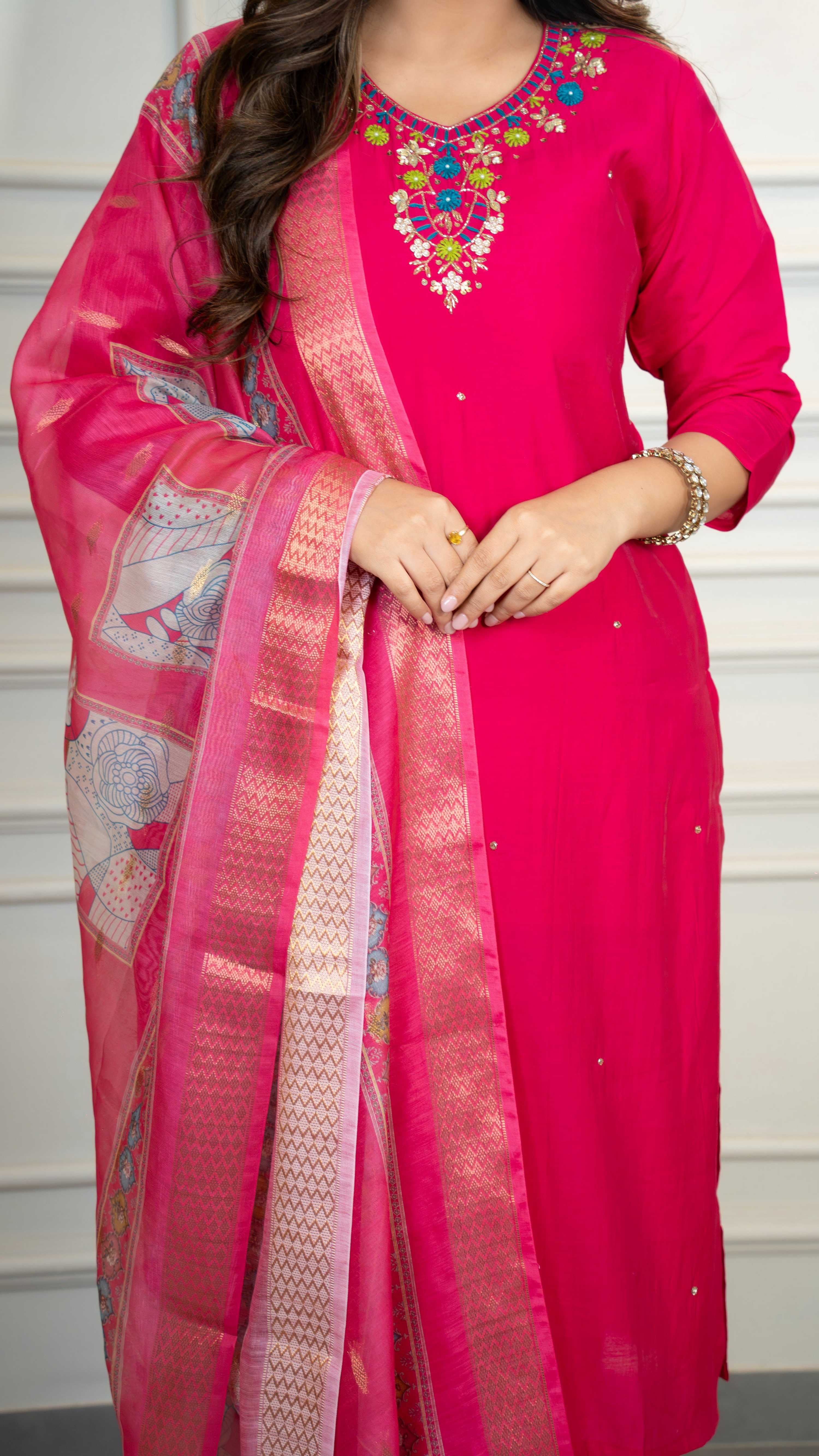 Vedant Vastram Roman Silk Hand Work & Embroidery Work Stitched Kurta Pant Dupatta Set-Pink