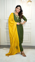 Vedant Vastram Roman Silk Hand Work & Embroidery Work Stitched Kurta Pant Dupatta Set-Mehandi