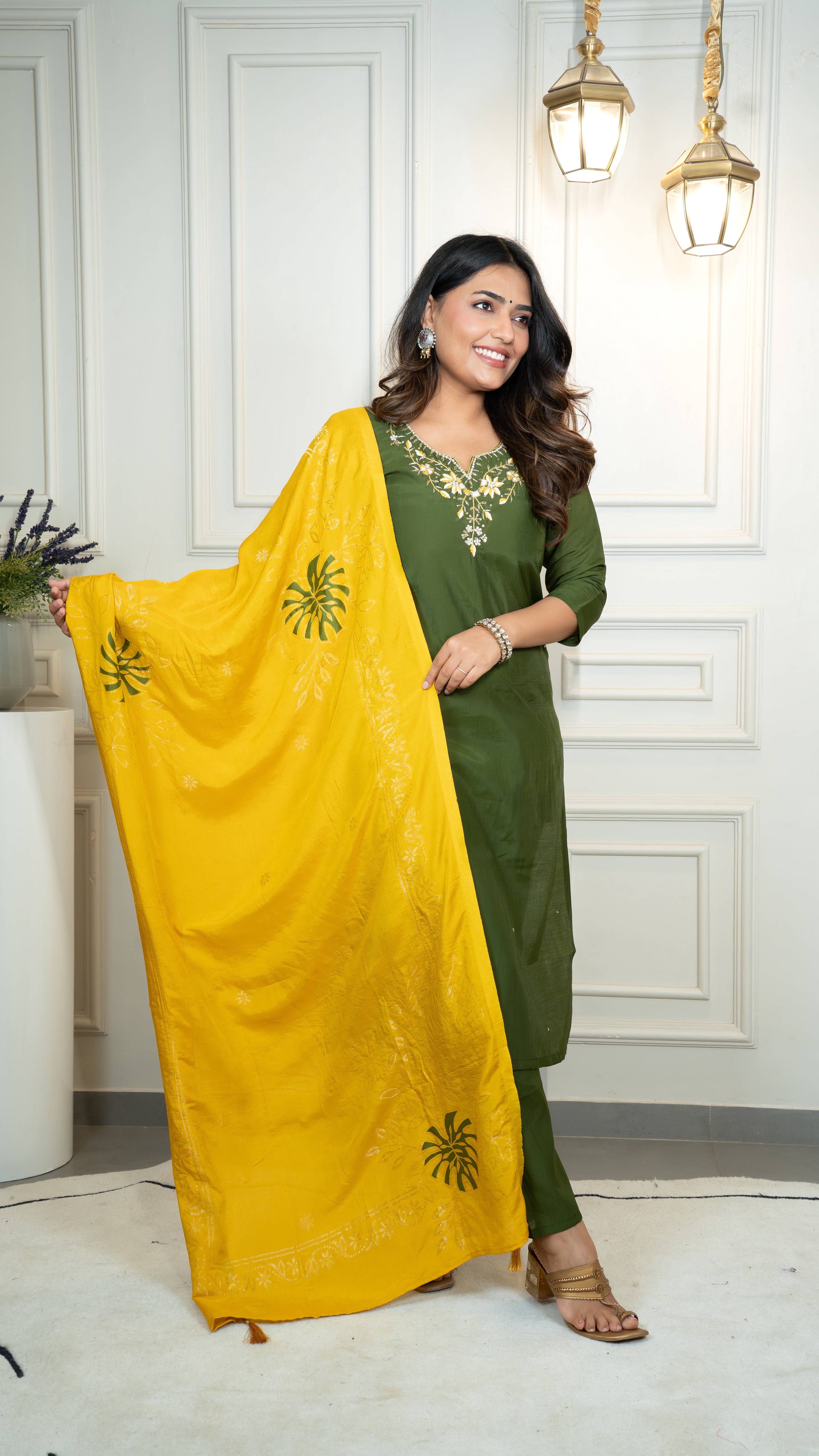 Vedant Vastram Roman Silk Hand Work & Embroidery Work Stitched Kurta Pant Dupatta Set-Mehandi