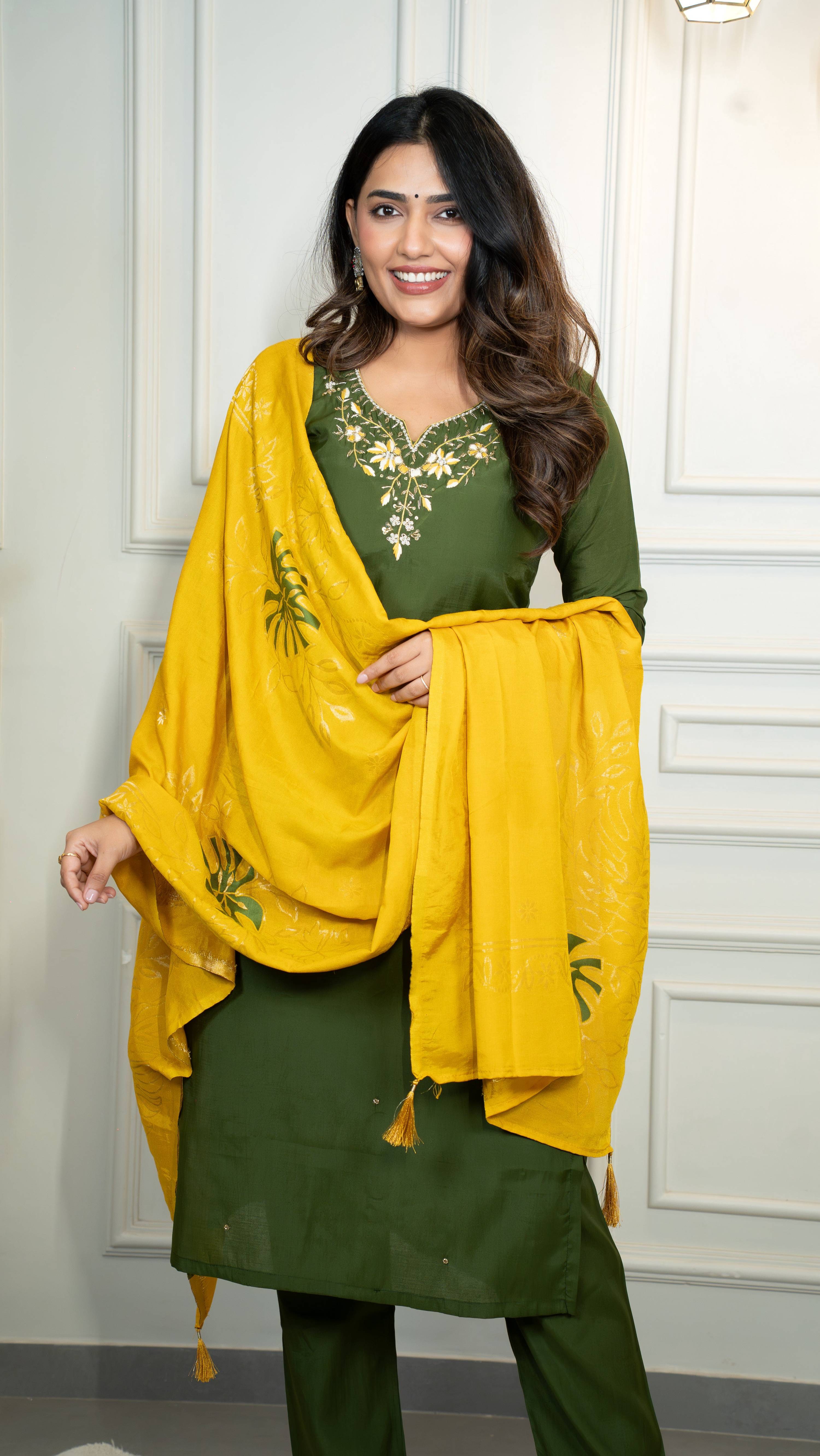 Vedant Vastram Roman Silk Hand Work & Embroidery Work Stitched Kurta Pant Dupatta Set-Mehandi