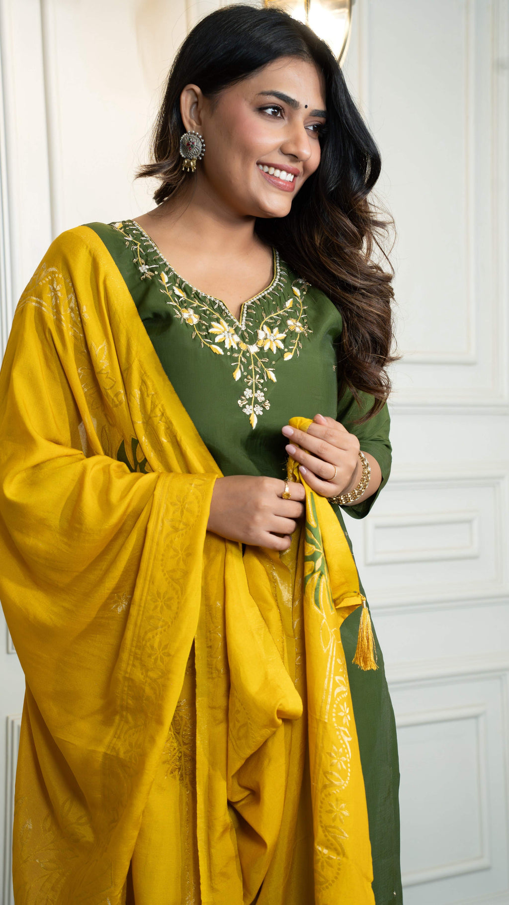 Vedant Vastram Roman Silk Hand Work & Embroidery Work Stitched Kurta Pant Dupatta Set-Mehandi