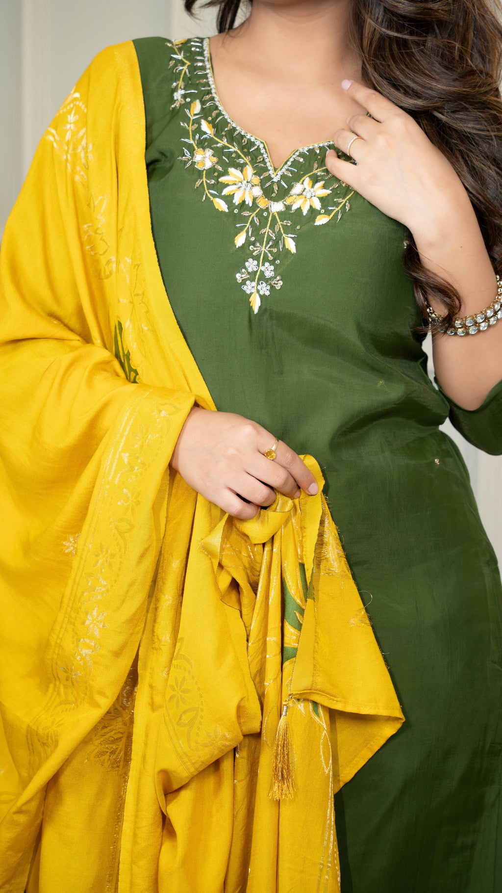 Vedant Vastram Roman Silk Hand Work & Embroidery Work Stitched Kurta Pant Dupatta Set-Mehandi