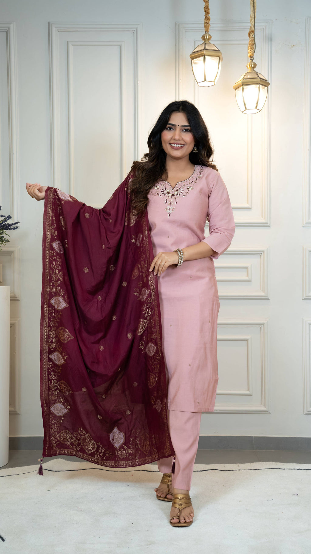 Vedant Vastram Roman Silk Hand Work & Embroidery Work Stitched Kurta Pant Dupatta Set-Peach
