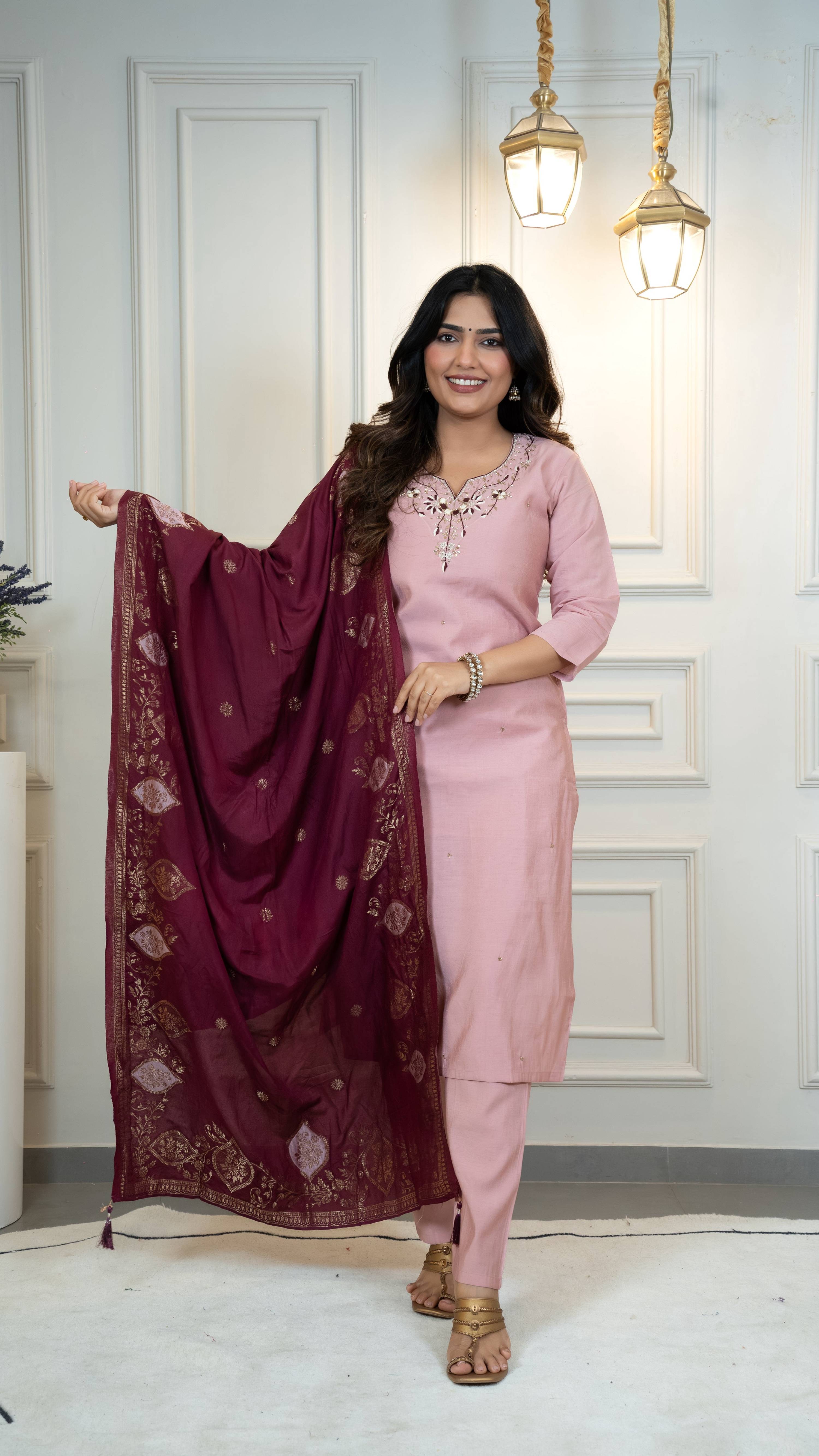 Vedant Vastram Roman Silk Hand Work & Embroidery Work Stitched Kurta Pant Dupatta Set-Peach