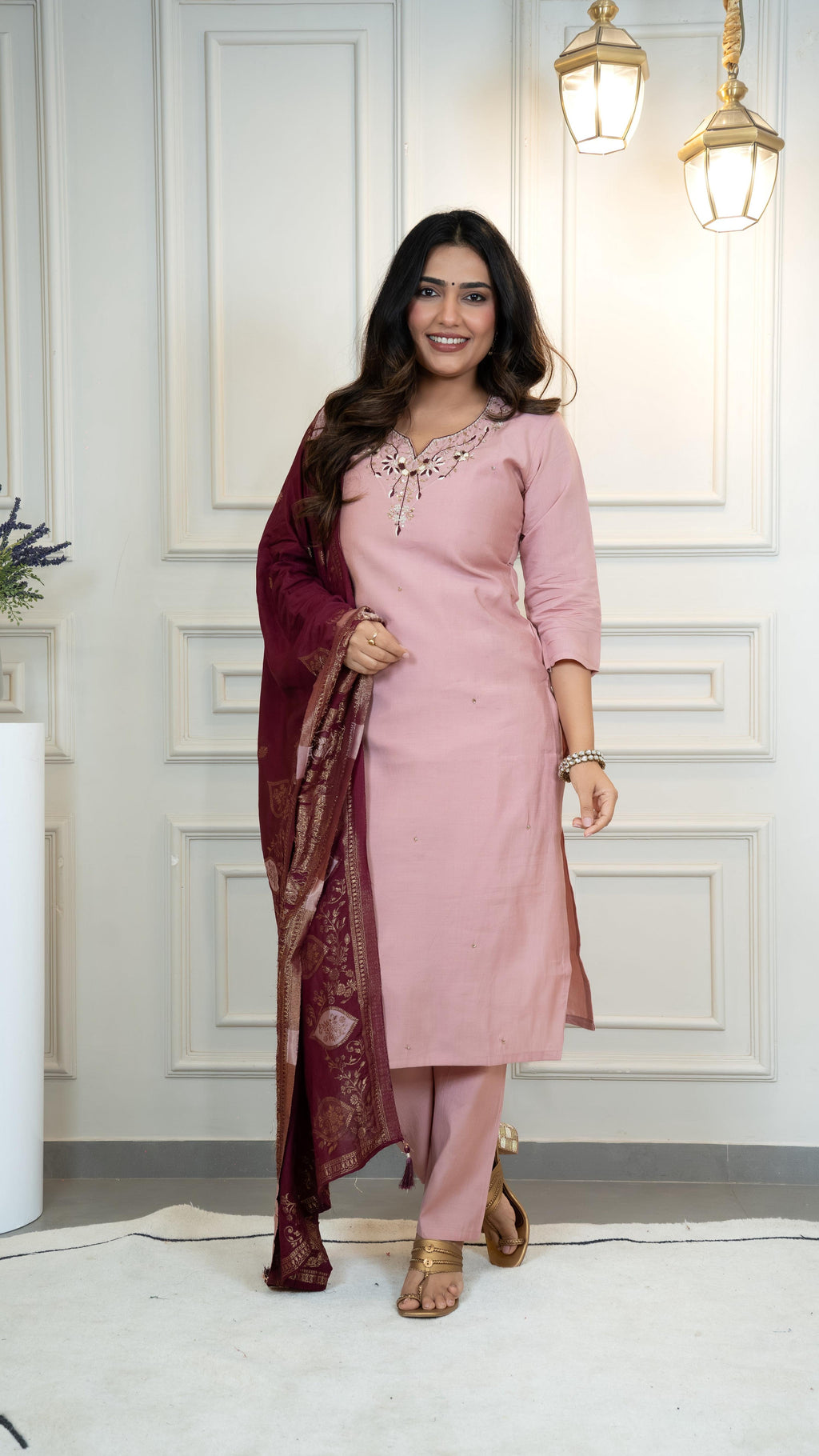 Vedant Vastram Roman Silk Hand Work & Embroidery Work Stitched Kurta Pant Dupatta Set-Peach