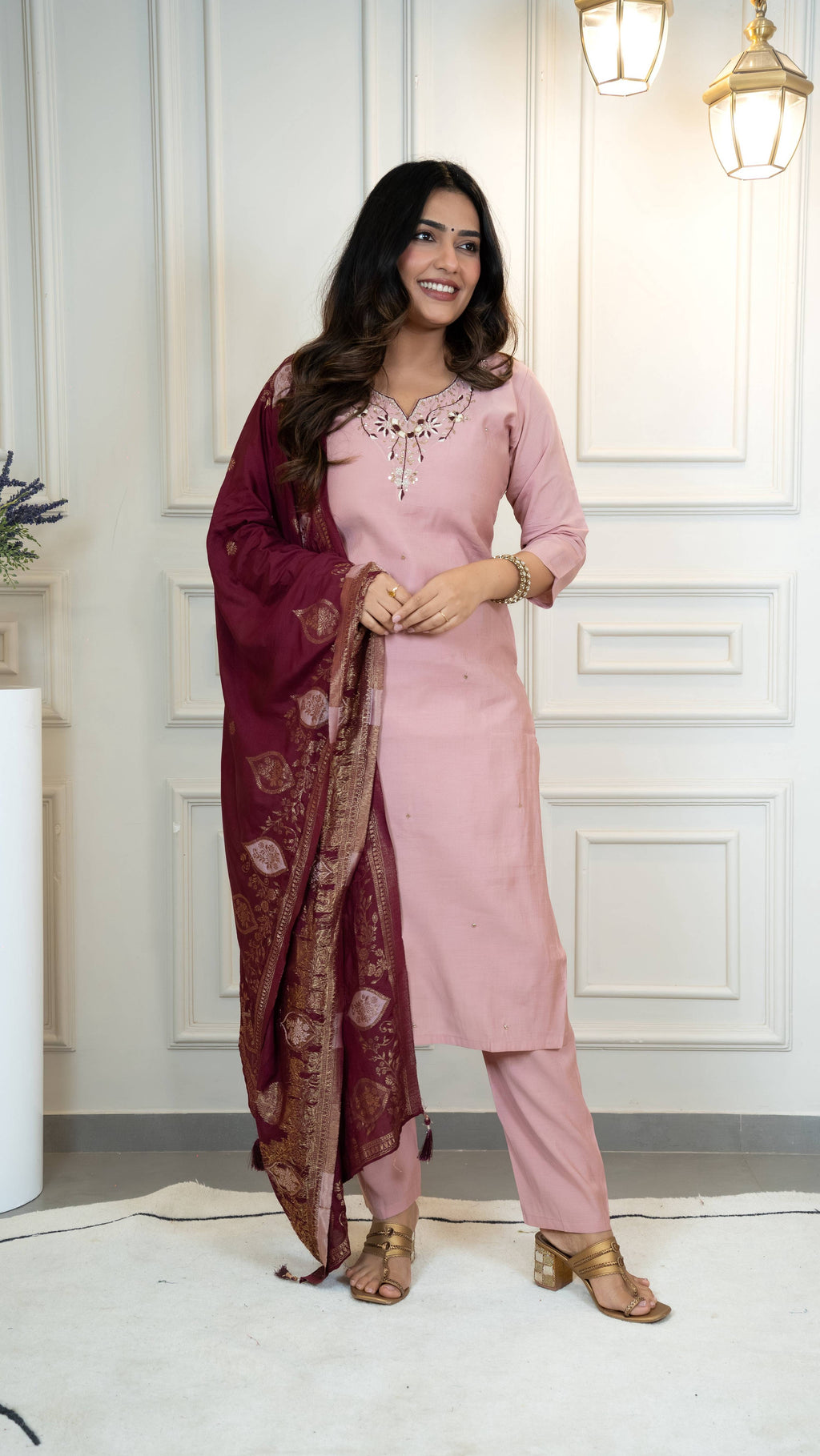 Vedant Vastram Roman Silk Hand Work & Embroidery Work Stitched Kurta Pant Dupatta Set-Peach