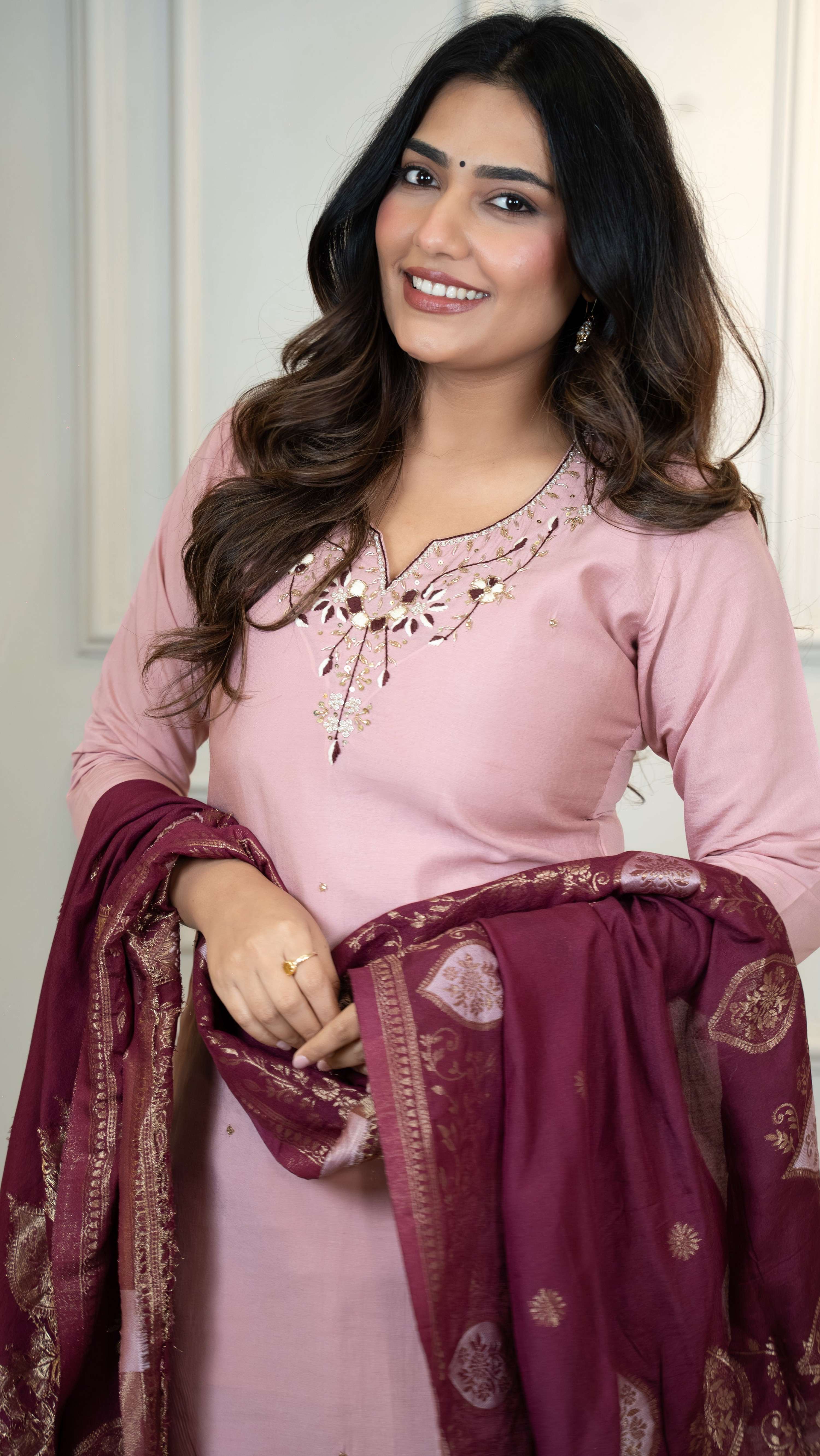 Vedant Vastram Roman Silk Hand Work & Embroidery Work Stitched Kurta Pant Dupatta Set-Peach