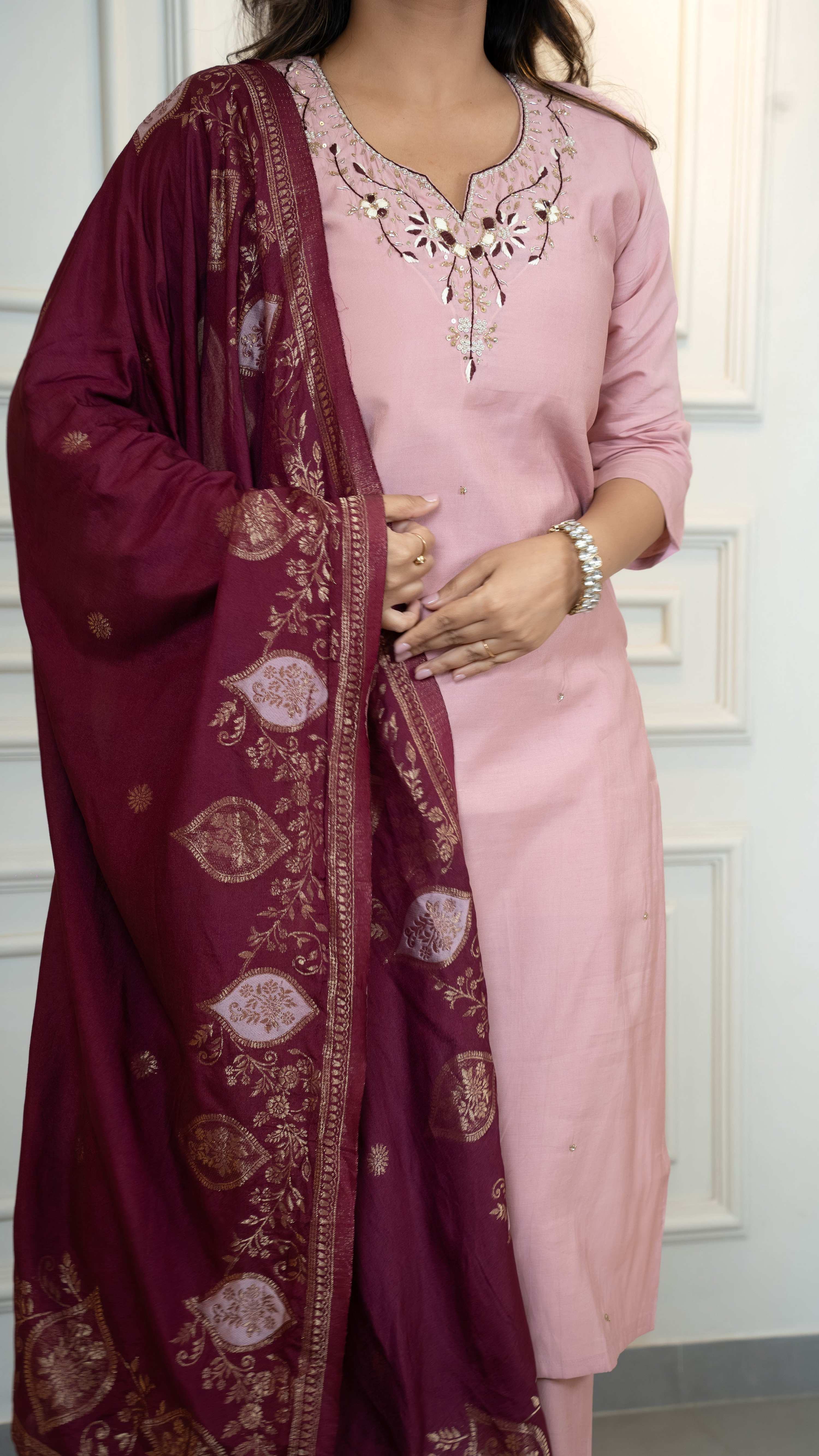 Vedant Vastram Roman Silk Hand Work & Embroidery Work Stitched Kurta Pant Dupatta Set-Peach