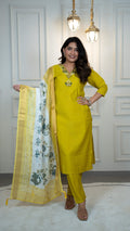 Vedant Vastram Roman Silk Hand Work & Embroidery Work Stitched Kurta Pant Dupatta Set-Yellow