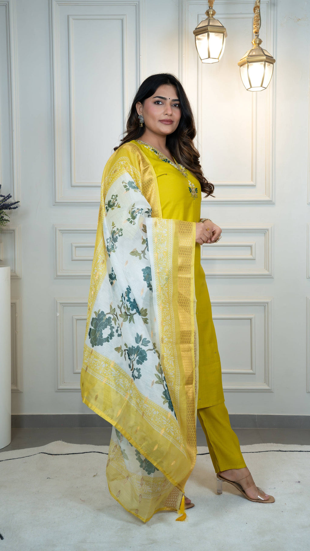 Vedant Vastram Roman Silk Hand Work & Embroidery Work Stitched Kurta Pant Dupatta Set-Yellow