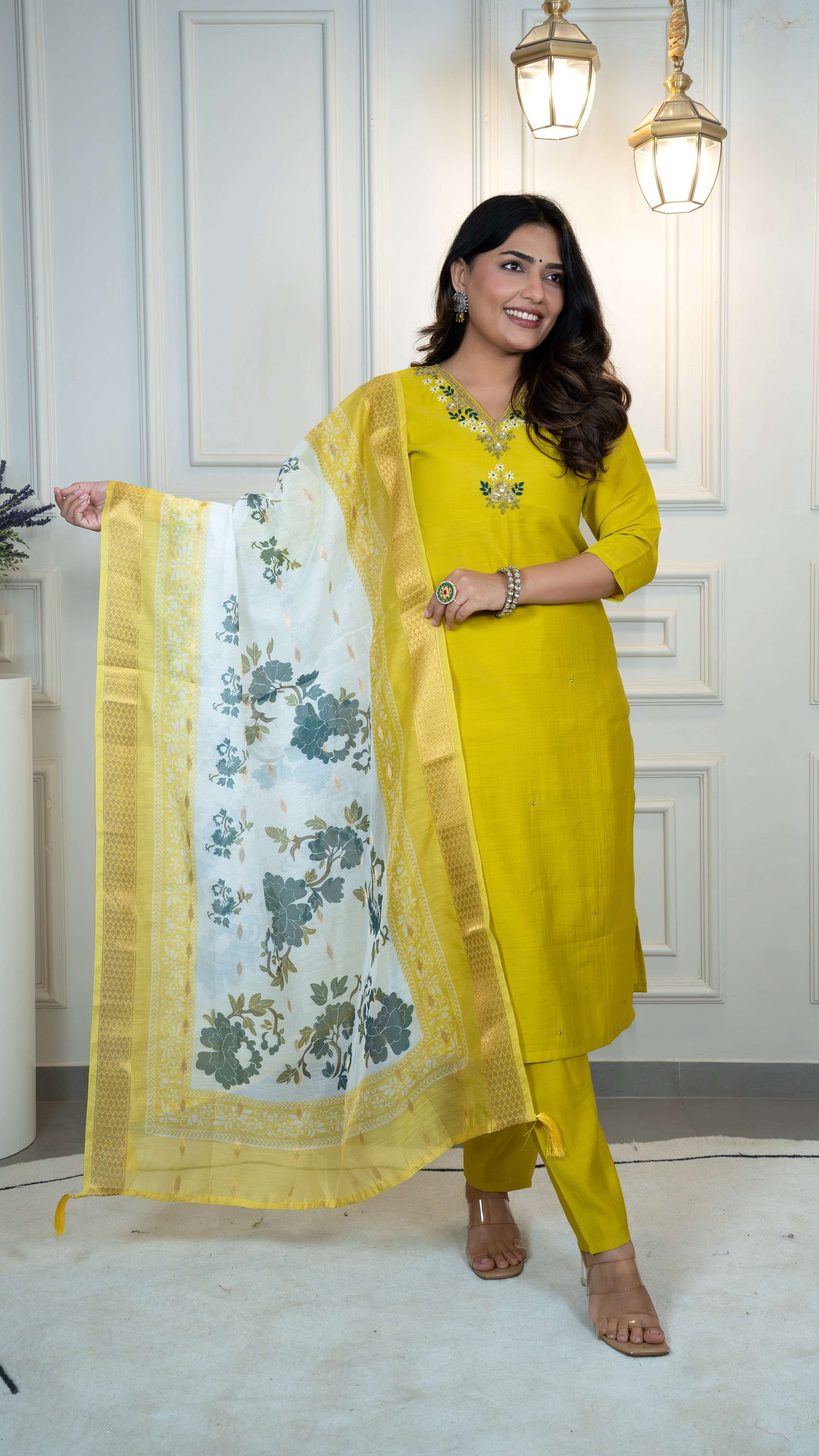Vedant Vastram Roman Silk Hand Work & Embroidery Work Stitched Kurta Pant Dupatta Set-Yellow