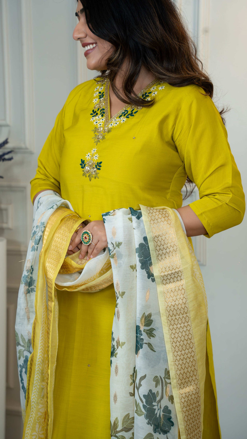 Vedant Vastram Roman Silk Hand Work & Embroidery Work Stitched Kurta Pant Dupatta Set-Yellow