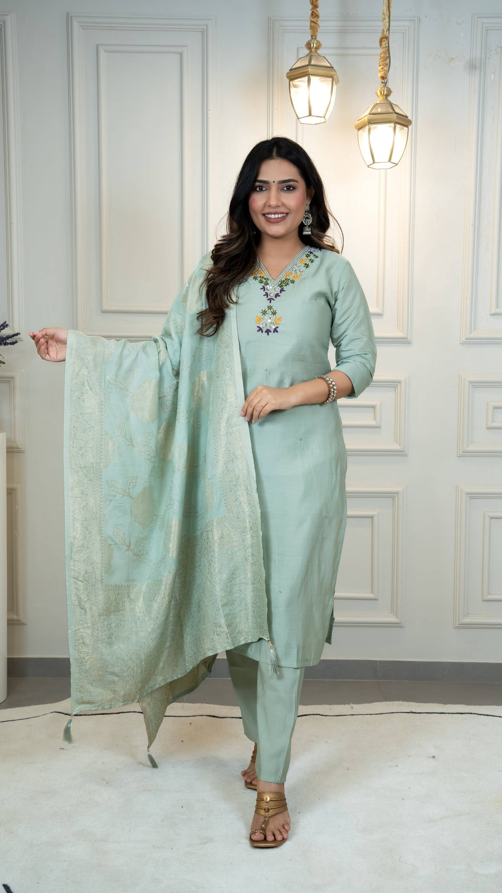 Vedant Vastram Roman Silk Hand Work & Embroidery Work Stitched Kurta Pant Dupatta Set-Sea Green