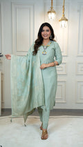 Vedant Vastram Roman Silk Hand Work & Embroidery Work Stitched Kurta Pant Dupatta Set-Sea Green
