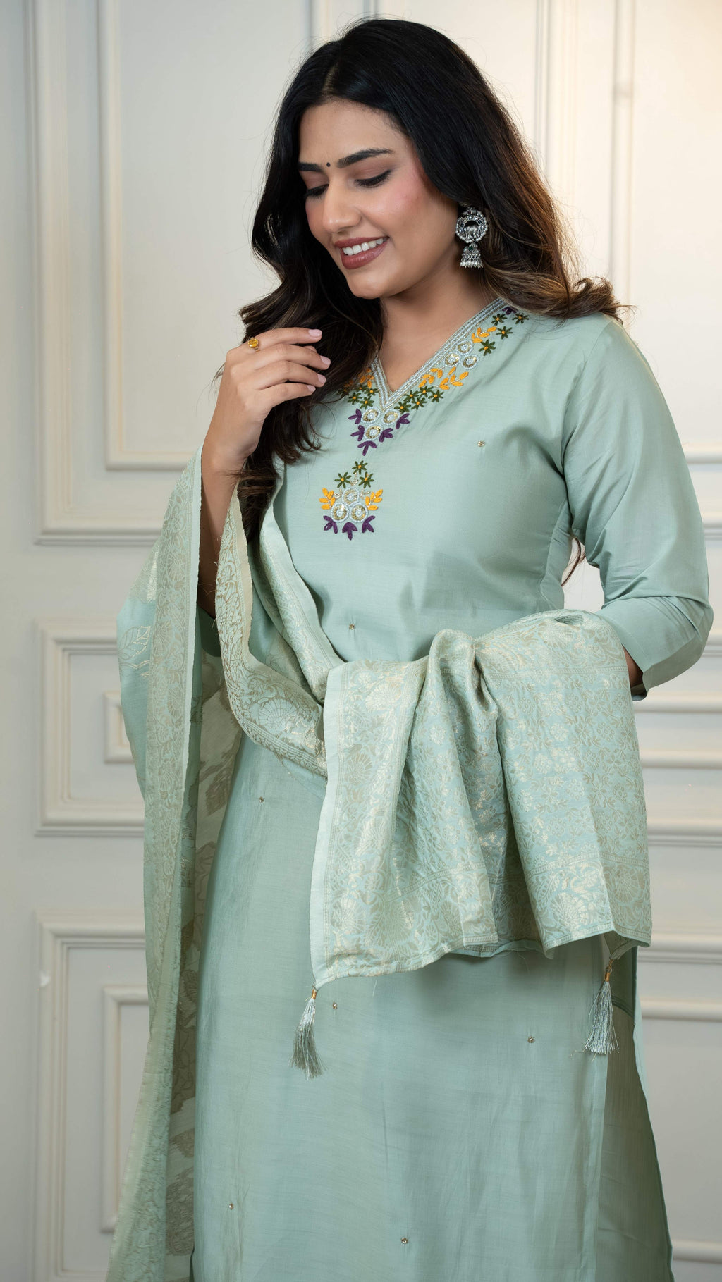 Vedant Vastram Roman Silk Hand Work & Embroidery Work Stitched Kurta Pant Dupatta Set-Sea Green