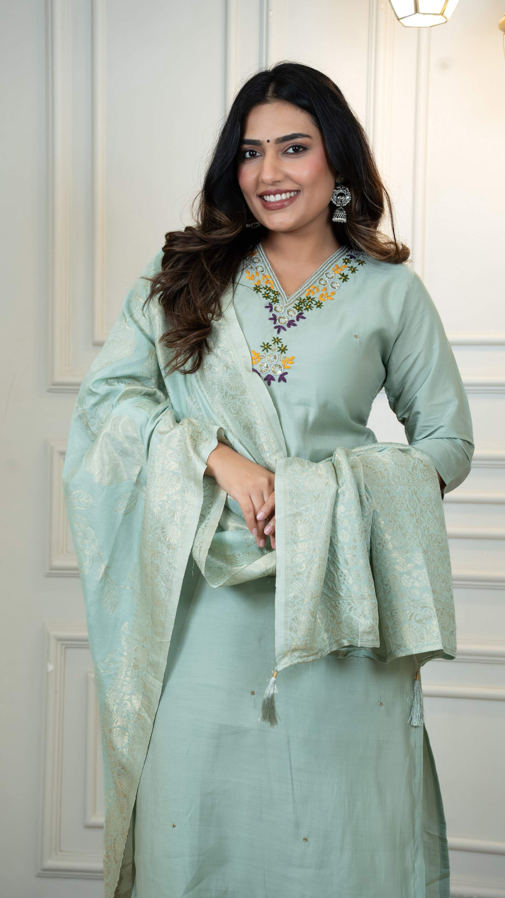 Vedant Vastram Roman Silk Hand Work & Embroidery Work Stitched Kurta Pant Dupatta Set-Sea Green