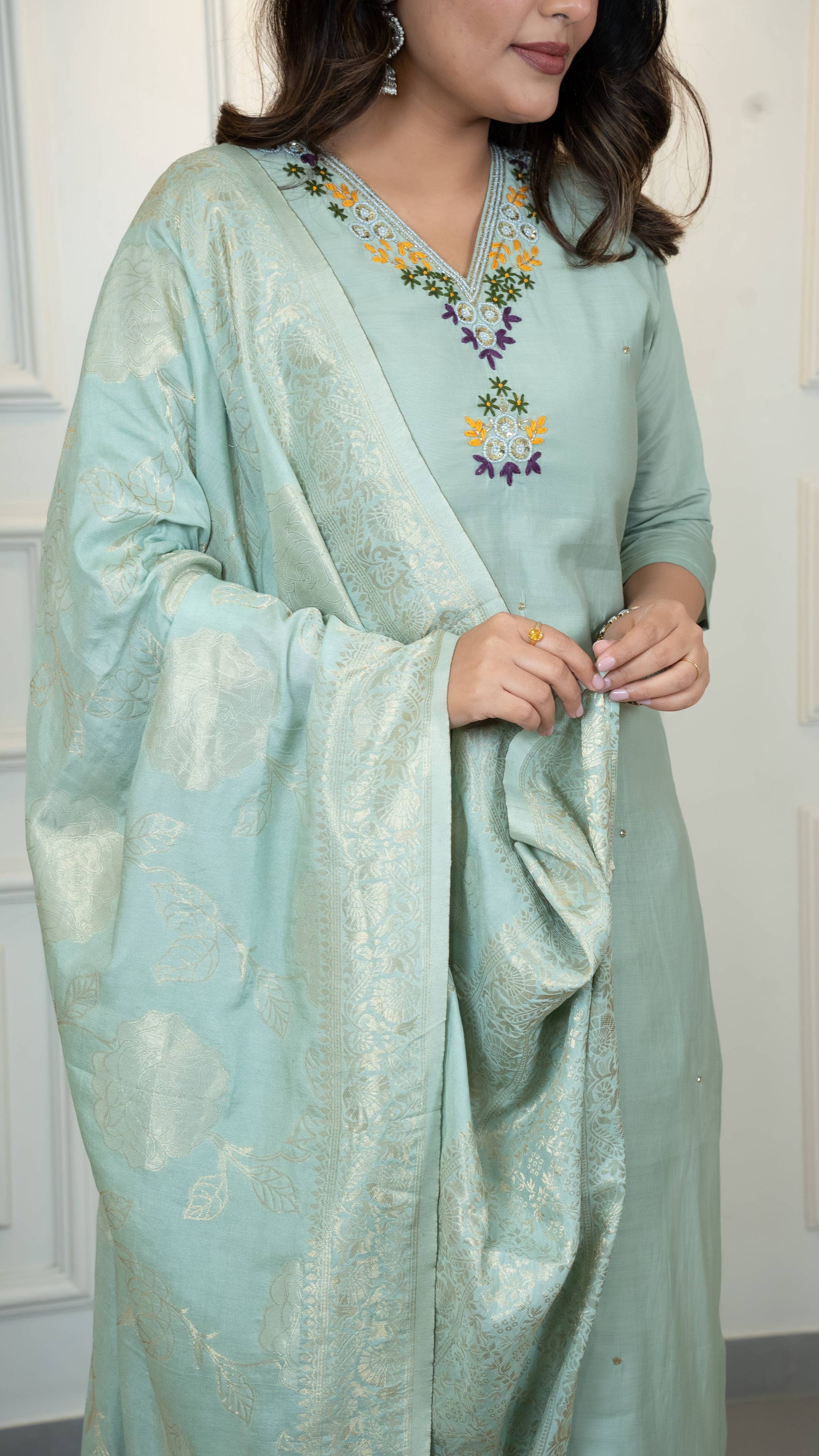 Vedant Vastram Roman Silk Hand Work & Embroidery Work Stitched Kurta Pant Dupatta Set-Sea Green