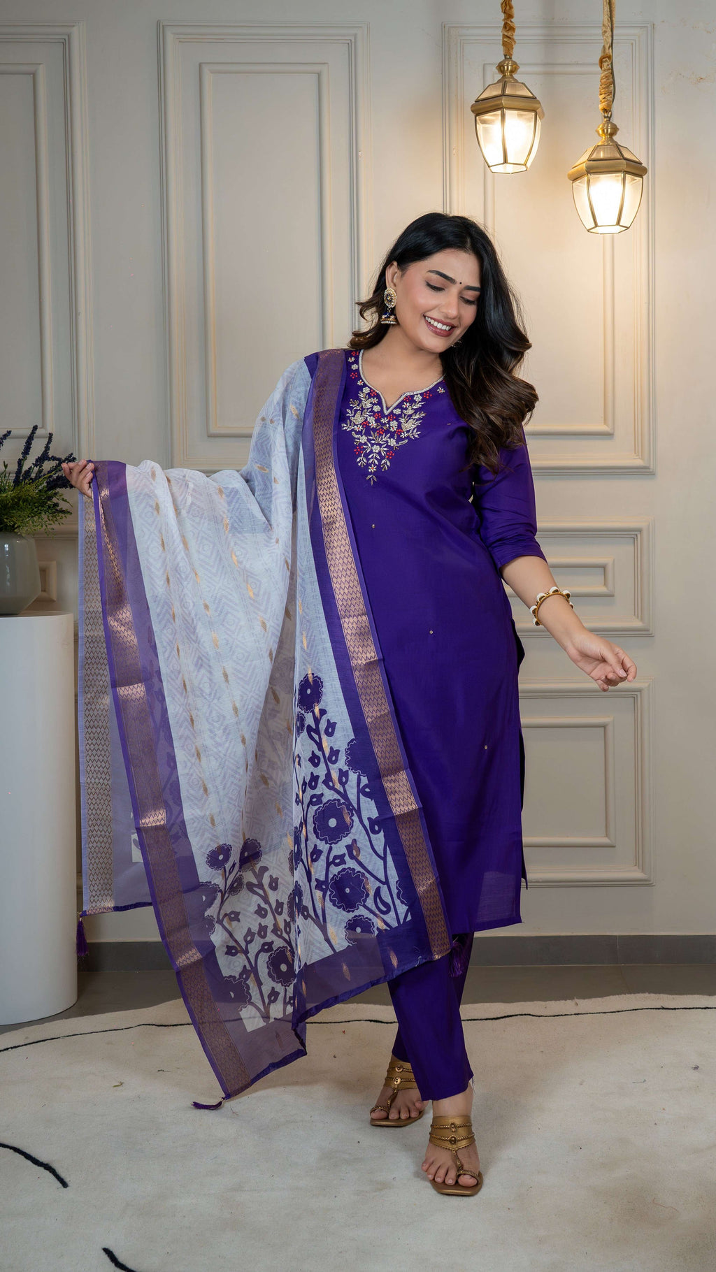Vedant Vastram Roman Silk Hand Work & Embroidery Work Stitched Kurta Pant Dupatta Set-Purple