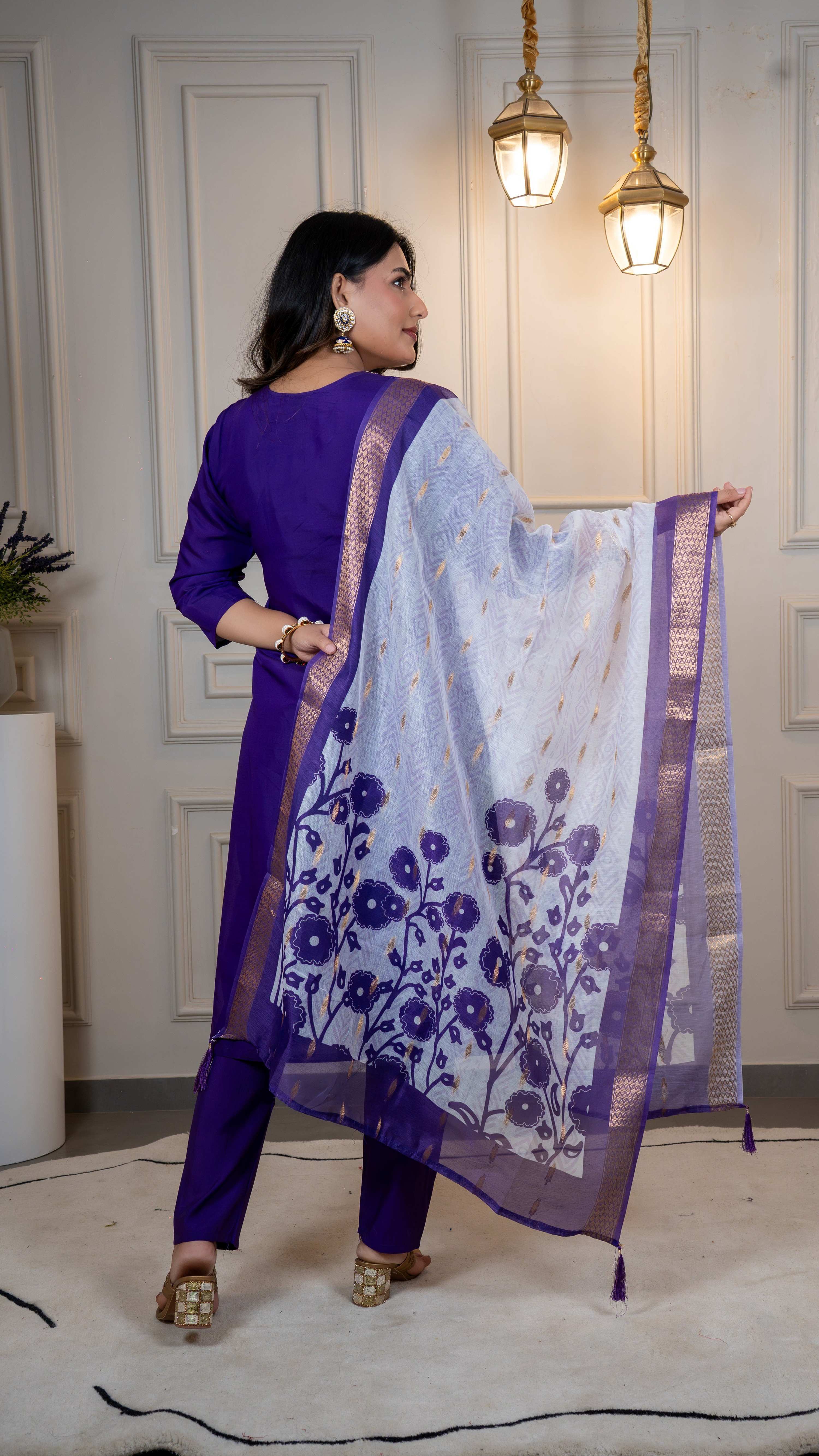 Vedant Vastram Roman Silk Hand Work & Embroidery Work Stitched Kurta Pant Dupatta Set-Purple
