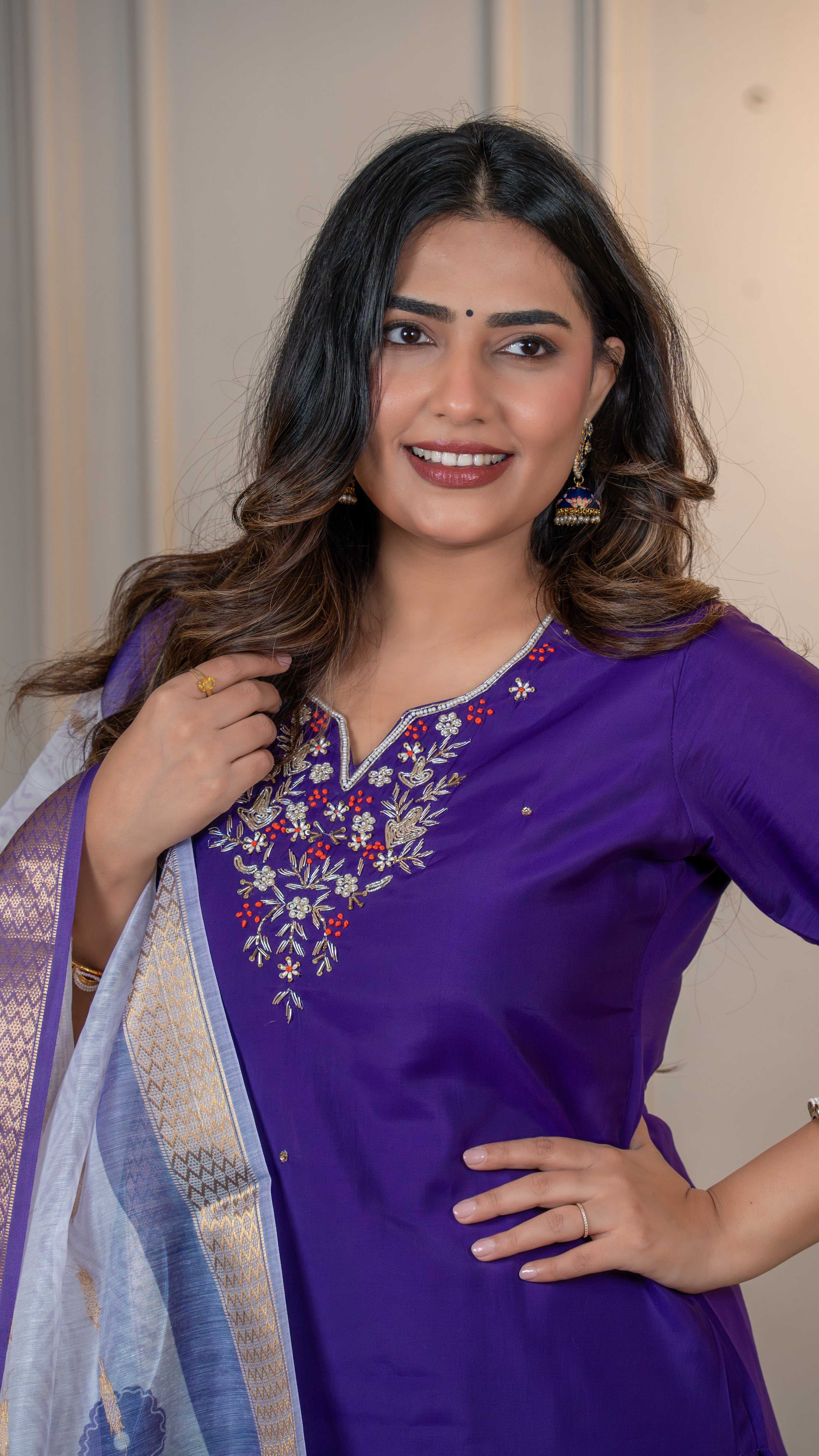 Vedant Vastram Roman Silk Hand Work & Embroidery Work Stitched Kurta Pant Dupatta Set-Purple