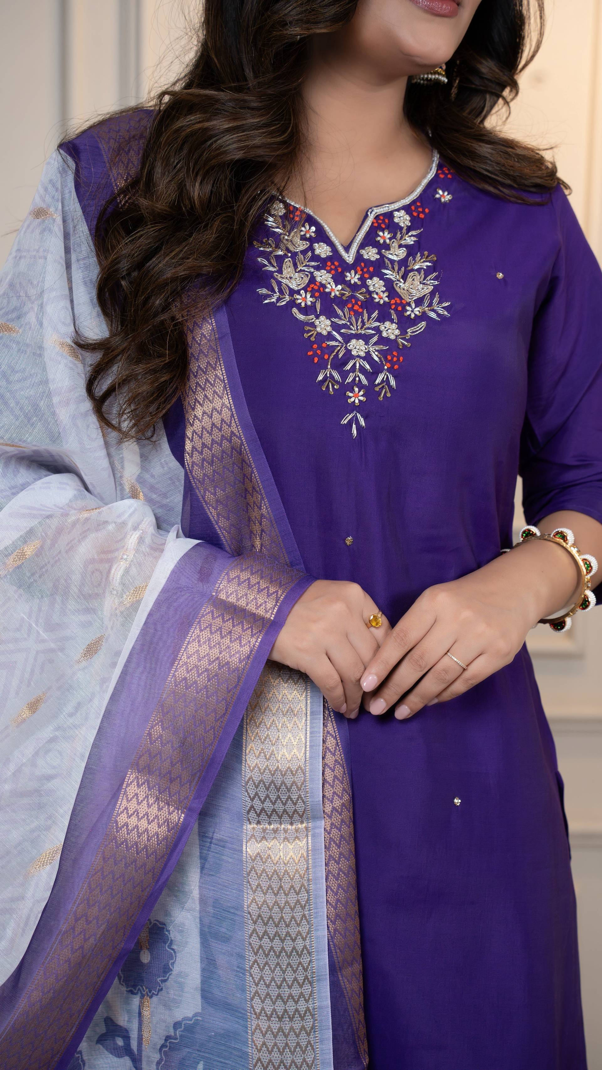 Vedant Vastram Roman Silk Hand Work & Embroidery Work Stitched Kurta Pant Dupatta Set-Purple