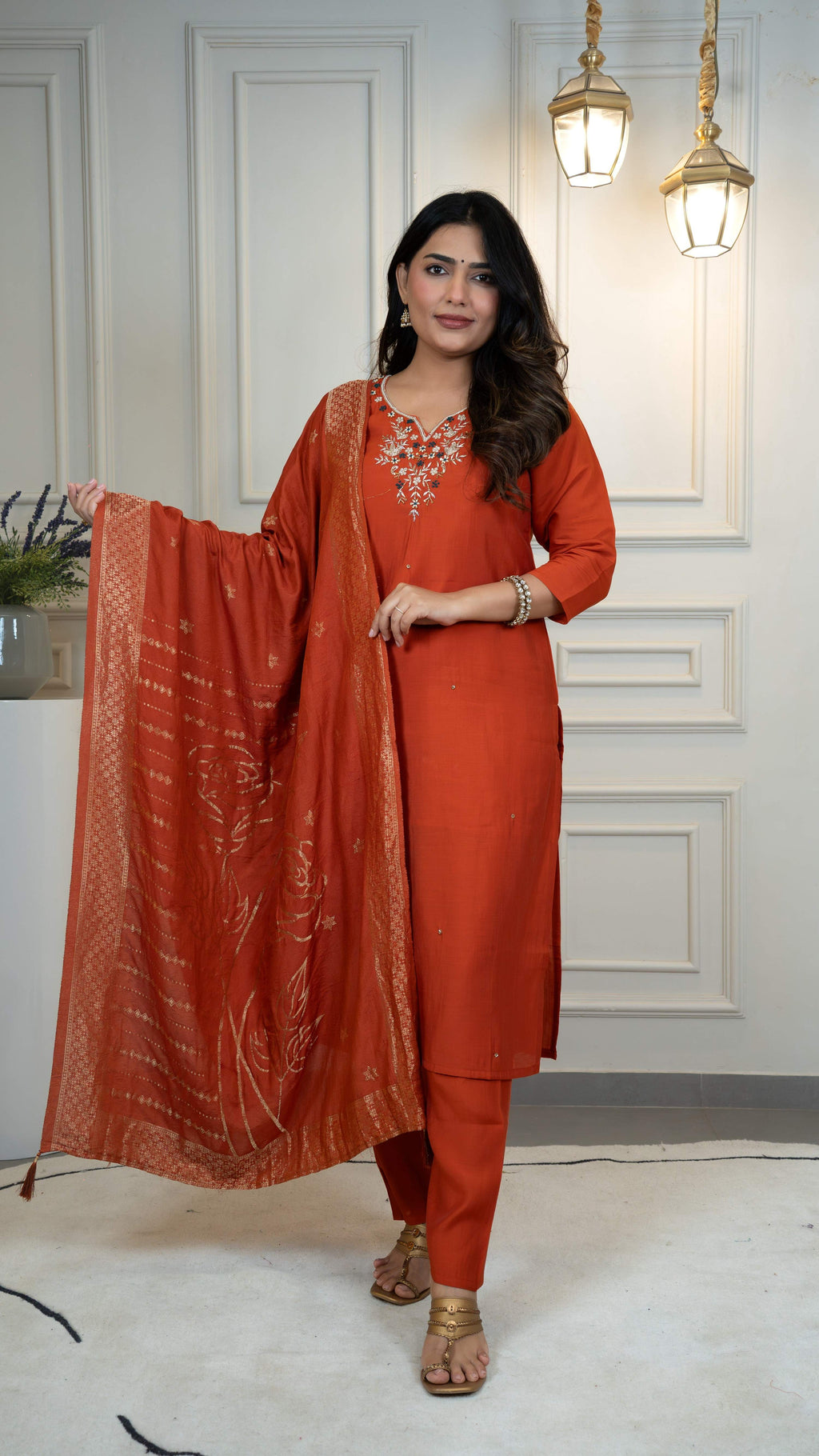 Vedant Vastram Roman Silk Hand Work & Embroidery Work Stitched Kurta Pant Dupatta Set-Rust