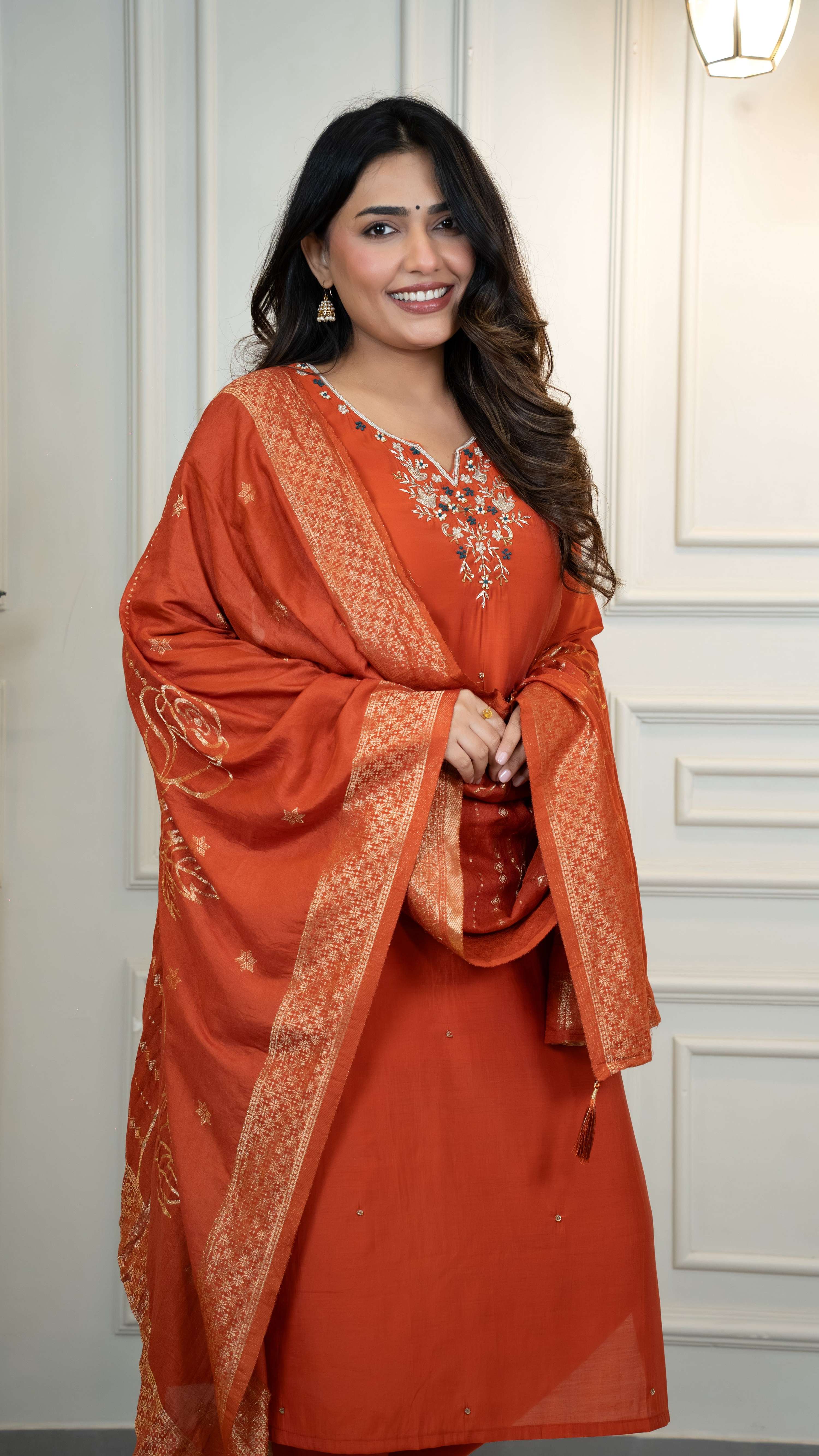 Vedant Vastram Roman Silk Hand Work & Embroidery Work Stitched Kurta Pant Dupatta Set-Rust