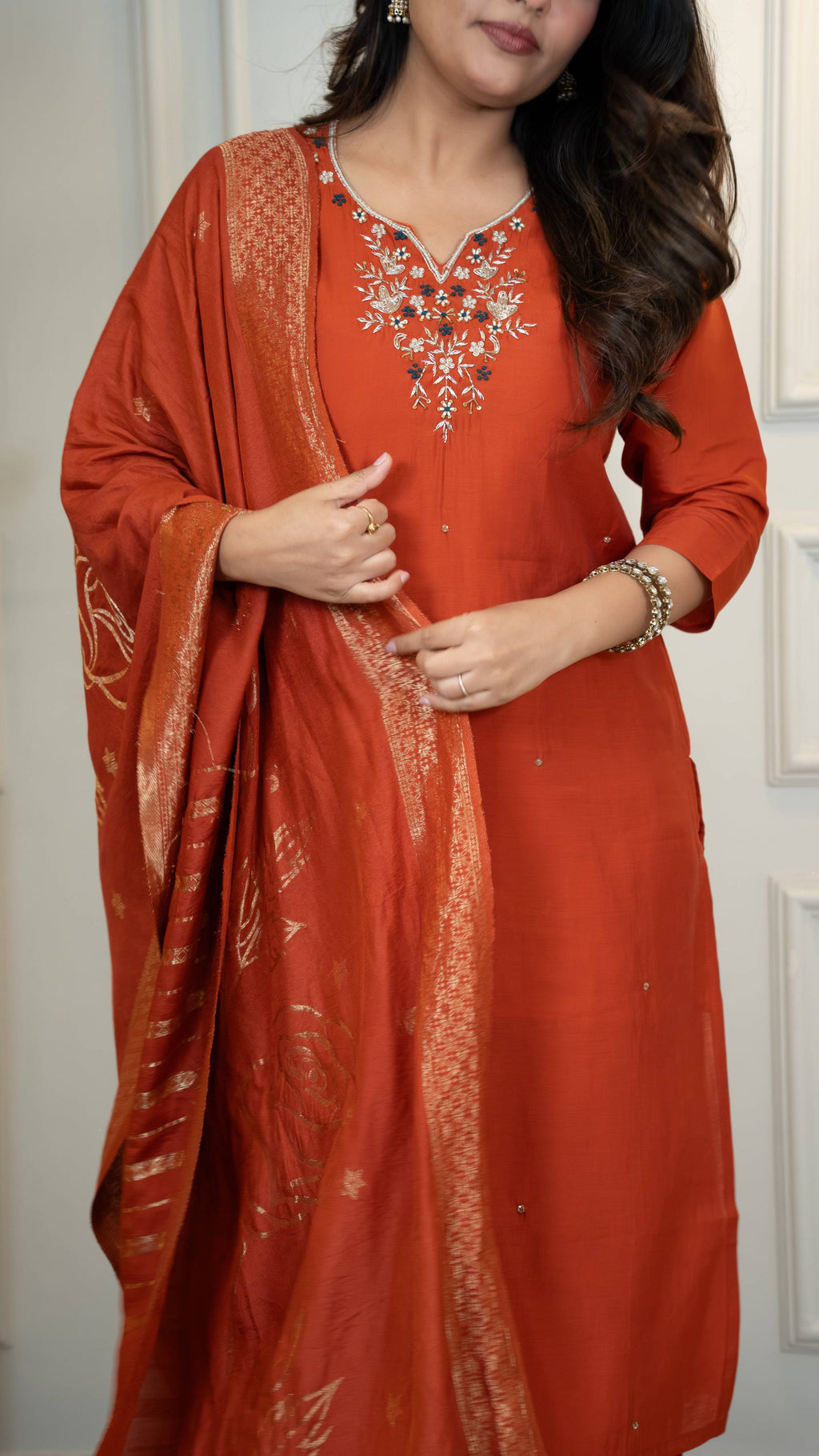 Vedant Vastram Roman Silk Hand Work & Embroidery Work Stitched Kurta Pant Dupatta Set-Rust