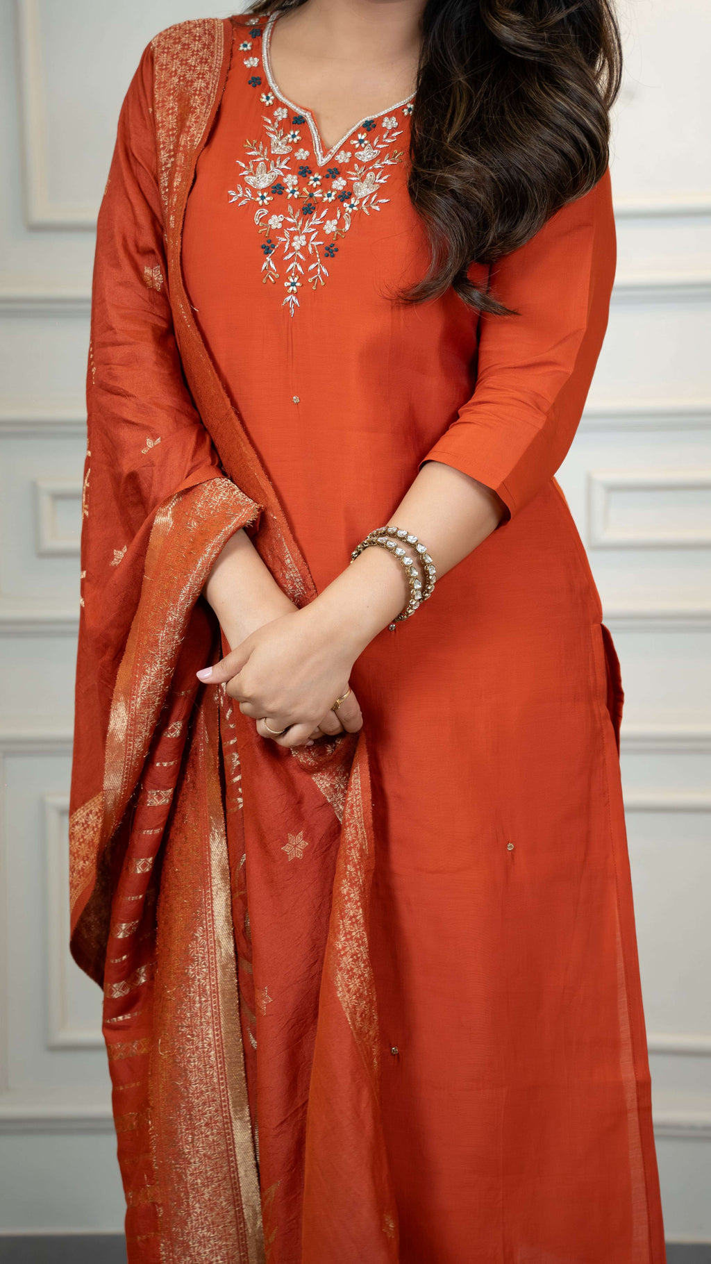 Vedant Vastram Roman Silk Hand Work & Embroidery Work Stitched Kurta Pant Dupatta Set-Rust